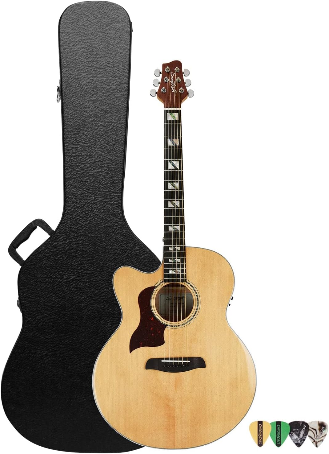 Sawtooth Maple Series Left-Handed Acoustic-Electric Cutaway Jumbo Guitar with Hard Case and Pick Sampler