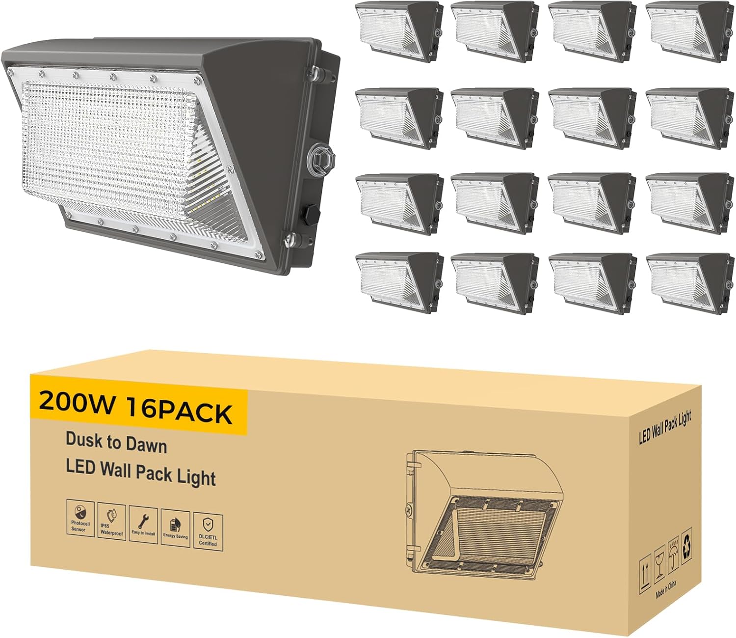AIKVSXER 16 Pack 200W LED Wall Pack Light with Dusk to Dawn Photocell, 32,000LM 6000K Wall Pack LED Exterior Light, IP65 Outside Lighting [Eqv. 1000W HPS/HID] for Parking Lot, Yard AC120-277V