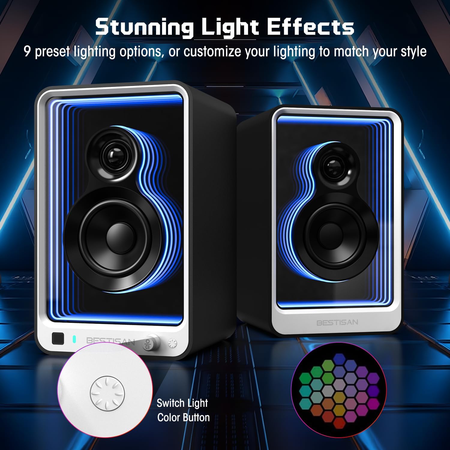 BESTISAN 50W*2 Active Bookshelf Speakers with Dynamic Light Effect, 3