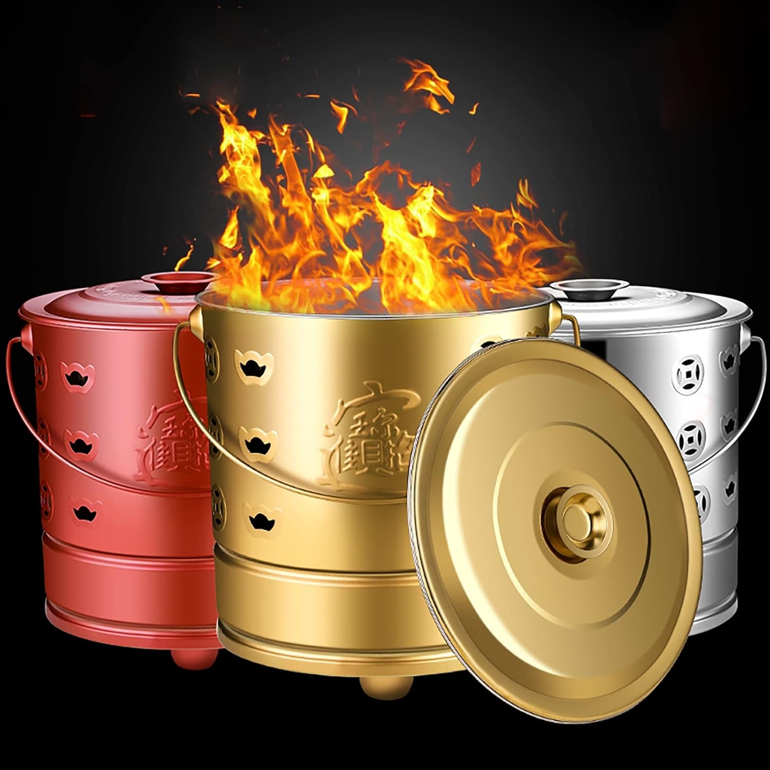 Metal Incinerator Cage with Burning Tongs Fire Pit Bucket Treasure Basin Ash Bucket Joss Paper Bucket with Lid for Yard Garden (Color : Red, Size : 42.5CM)