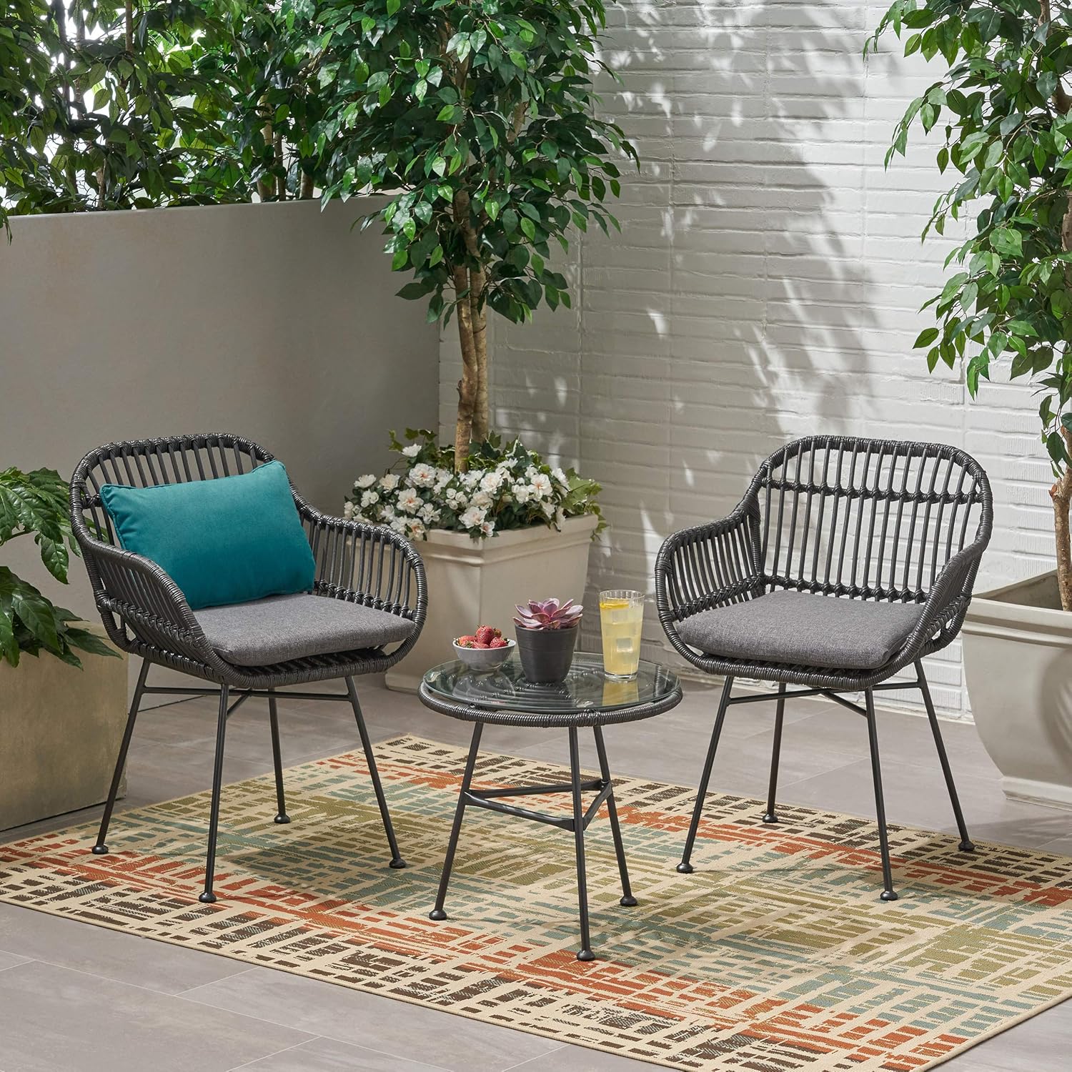 Great Deal Furniture GDFStudio Outdoor Faux Wicker 2 Seater Chat Set with Tempered Glass Table, Gray and Dark Gray