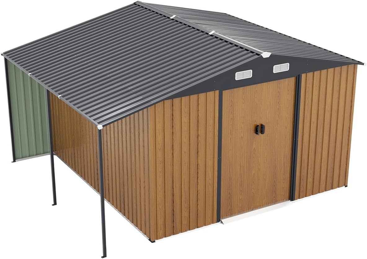 10 FT x 12 FT Outdoor Storage Shed, Extra Large Metal Shed with Lockable Doors, Windows, Outside Steel Tiny House Ideal for Garden, Backyard, Patio Utility, Tool Storage, Chicken Coops (Brown)