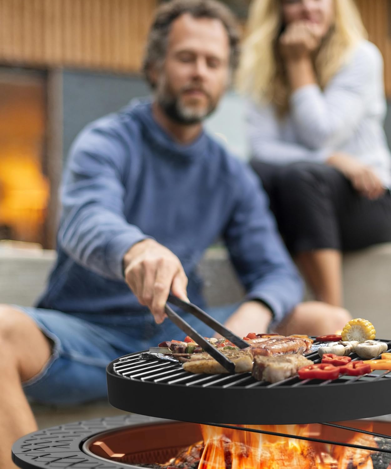 43 Inch Fire Pit with BBQ Grill, Wood Burning Fire Pits for Outside with Lid & Poker, Extra Large Heavy Duty Firepits, BBQ & Outdoor Firepit & Round Metal Table 3 in 1 for Bonfire, Patio, Picnic