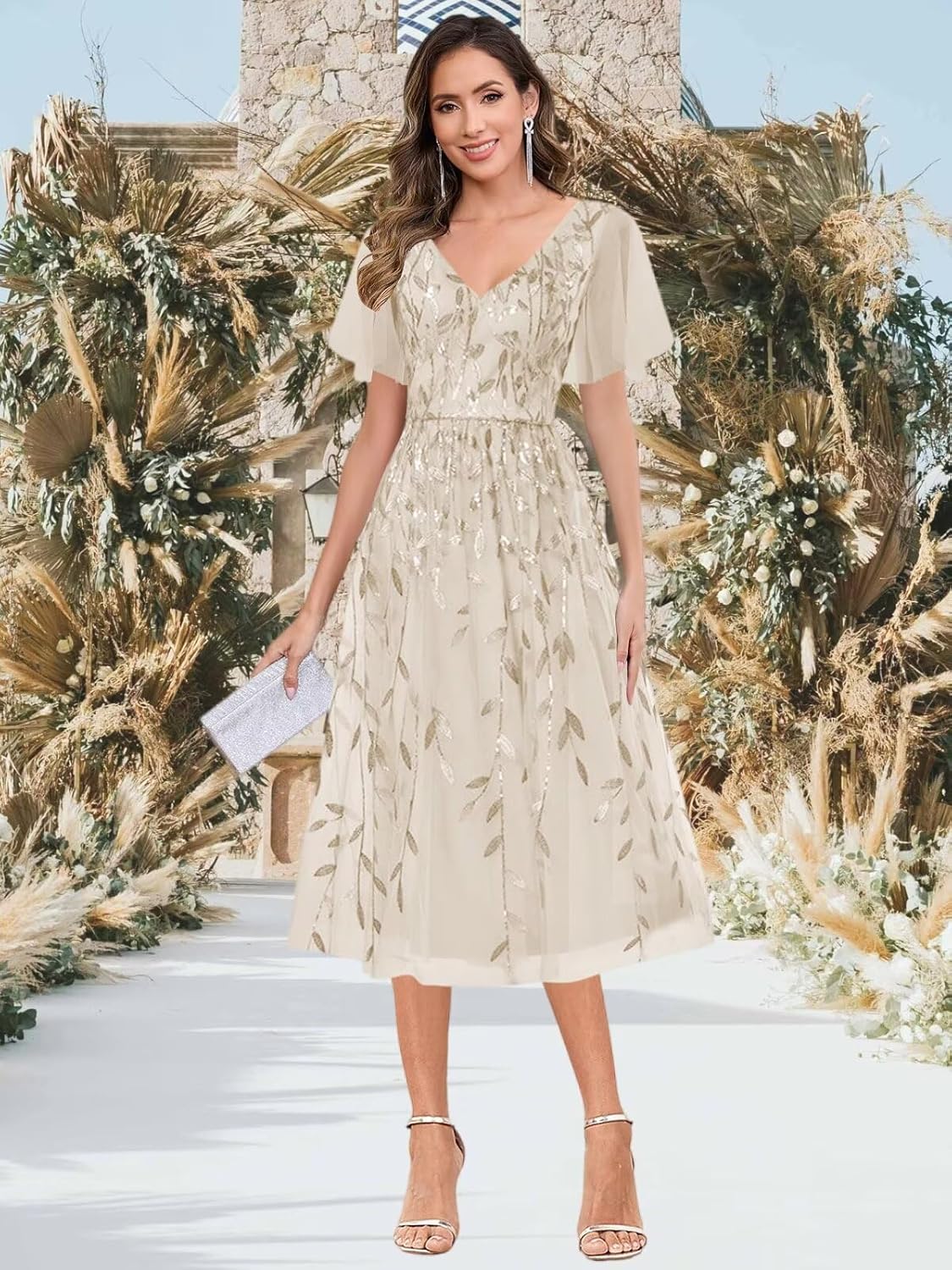 BANTRATIC Women's Mother of The Bride Dress Sequins Tulle Formal Wedding Guest Dresses Elegant Tea Length Evening Prom Gown