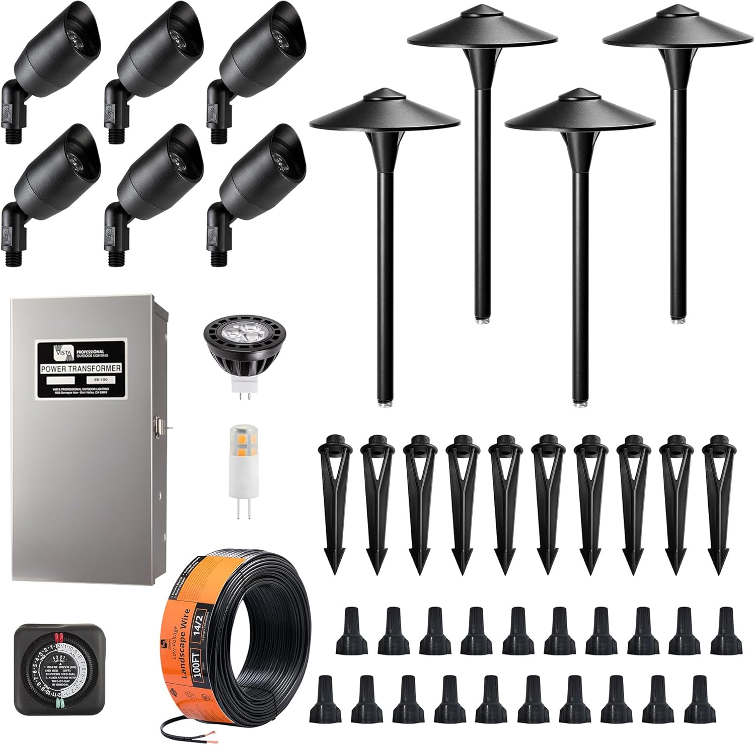 VISTA Cast Aluminum Landscape Lighting Kit (6 Spot Lights Outdoor, 4 Pathway Lights, 100FT 14/2 Landscape Wire) with 150W Low Voltage Transformer for House, Yard, Pathway, Walkway, Garden (Black)