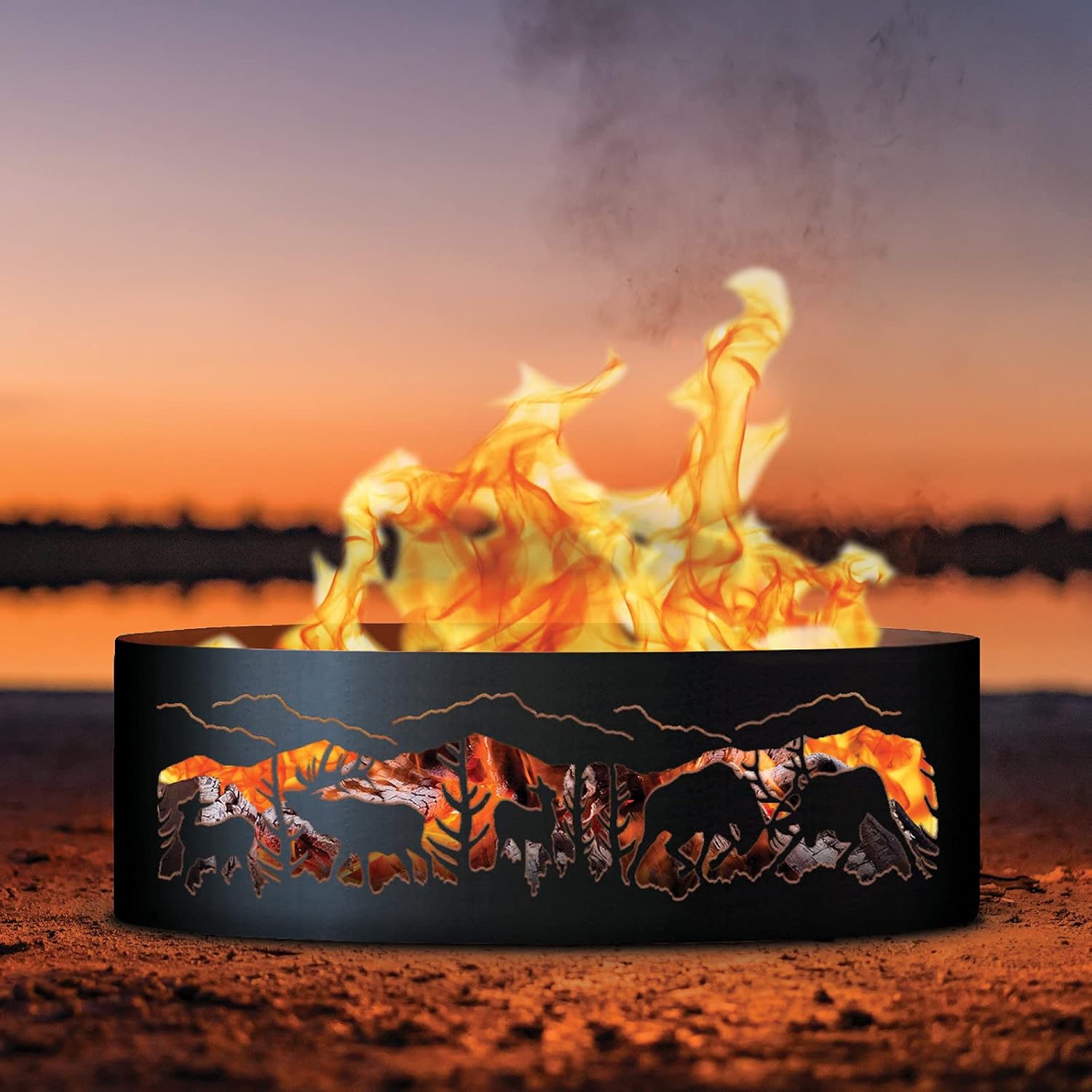 PD Metals FER00630-FP Fighting Elk Unpainted 12 in. Tall 30 in. Diameter Outdoor Fire Ring with Fire Poker - 30 x 30 x 12 in. - Rustic Black Color