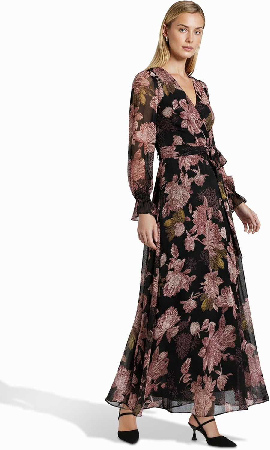 Anne Klein Womens Long Sleeve Printed Faux Wrap Maxi Dress