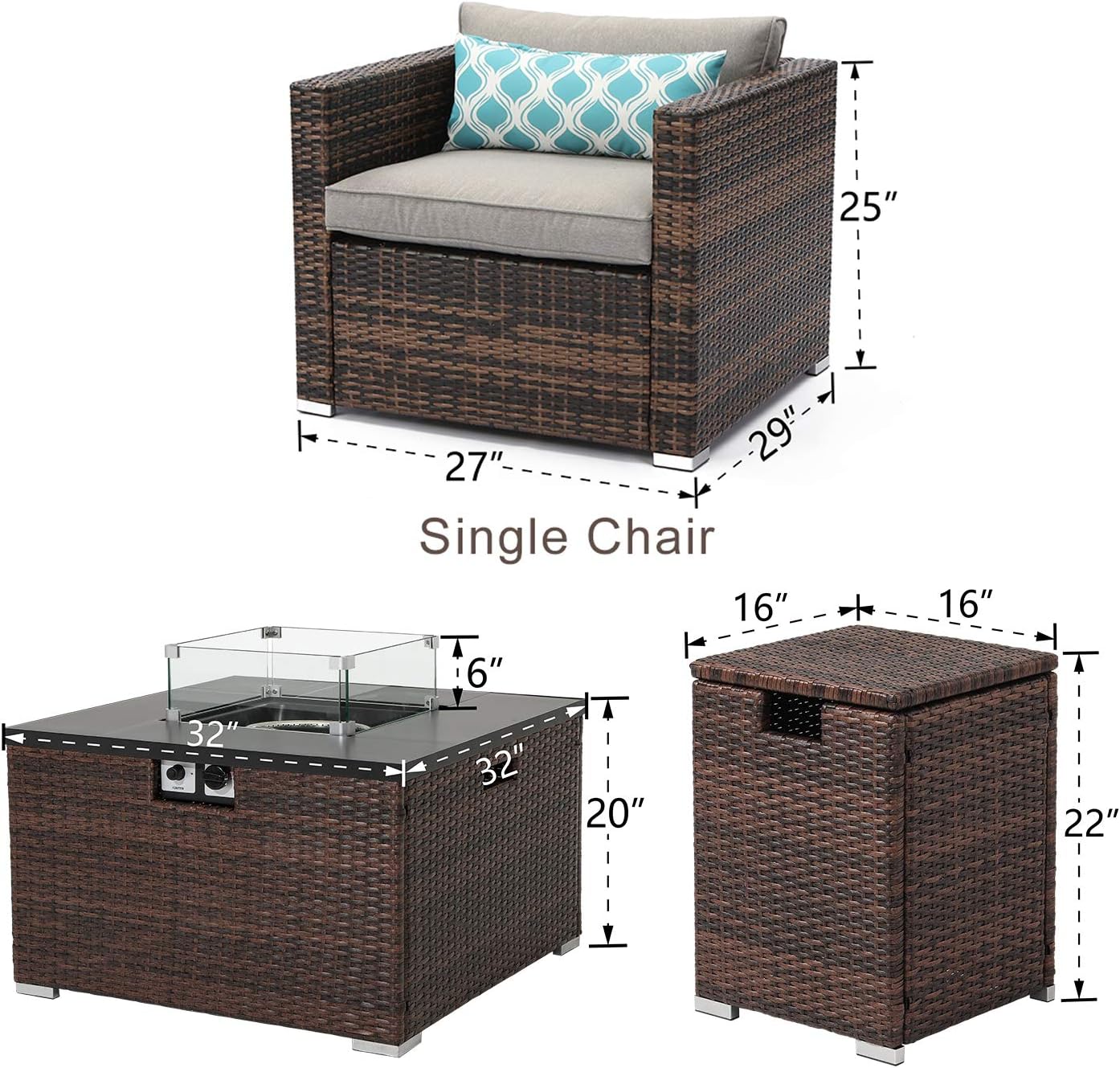 AQUILLA 6-Piece Patio Furniture, 32 inches 40000 BTU Square Wicker Fire Table w Wind Guard Glass for Garden