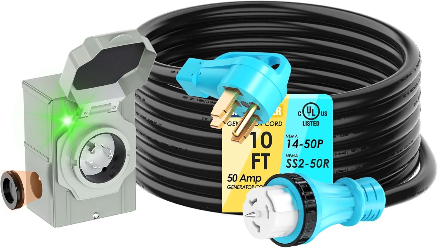 UL Listed 50 Amp 10 Feet Generator Cord and Power Inlet Box Combo Kit NEMA 14-50P Male to SS2-50R STW 6/3+8/1 AWG 125/250V Twist Locking with Inlet Box for Generator to House