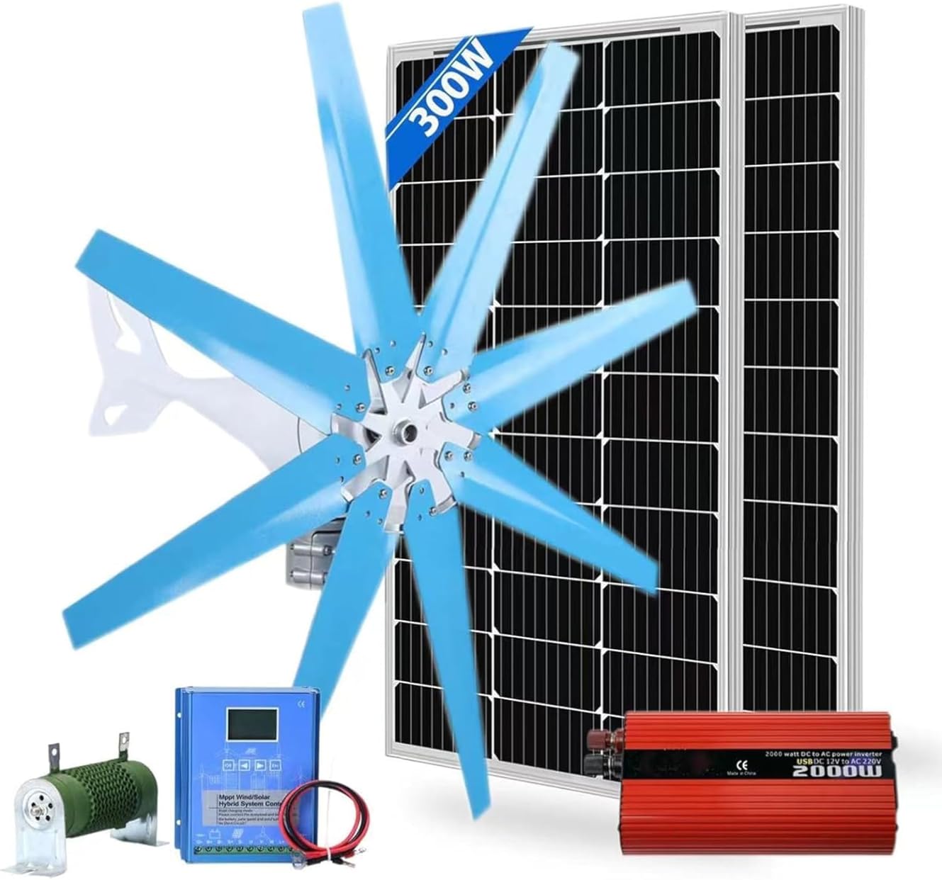 CHRISK 5000W 8-Bladed Wind Turbine Generator Kit Wind Turbine Generator + Wind Turbine Controller + 2000W Inverter + 150W *2 Solar Panels