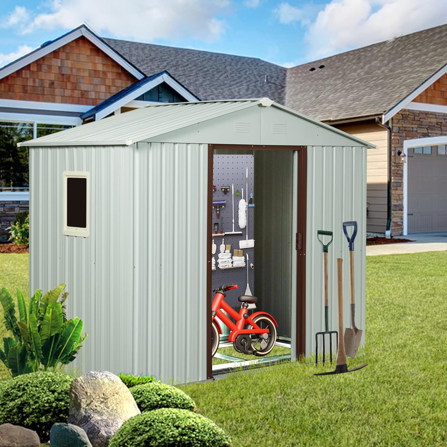 8' x 4' Outdoor Storage Shed with Double Lockable Doors, Anti-Corrosion Metal Garden Shed, Waterproof Shed Outdoor Storage Clearance for Backyard Patio Lawn-White