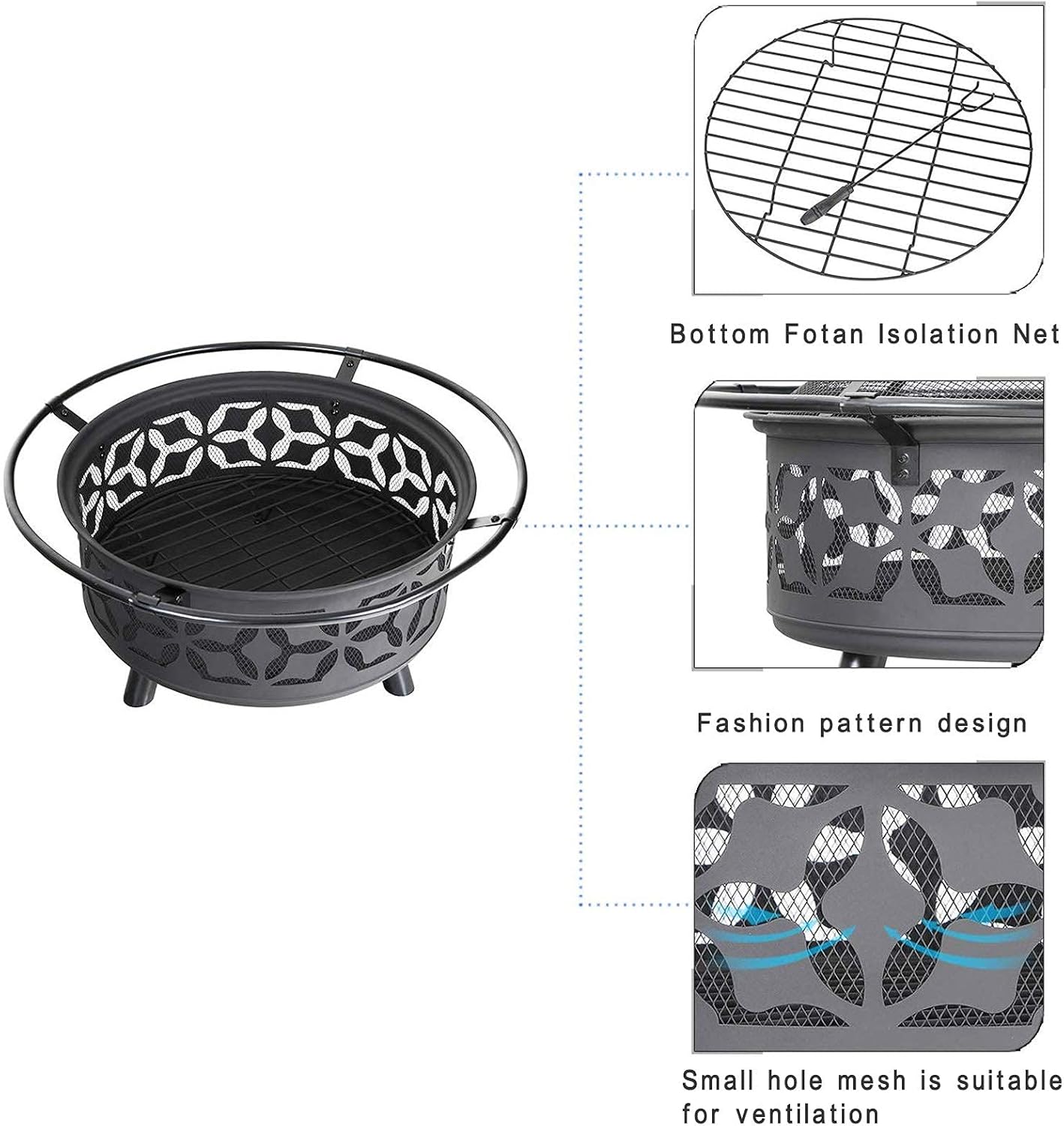 Fire Pit with BBQ Grill Shelf, Portable Fire Pits for Garden, Outdoor Fire Pits,Outdoor Garden Fire Pit with Mesh Cover