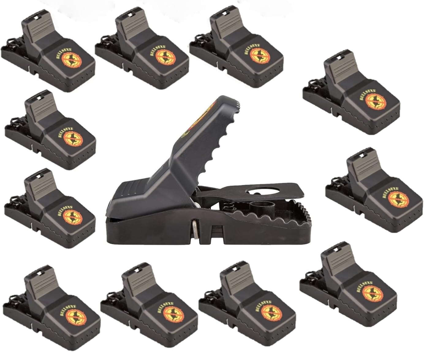 Bullseye 12 Pack - Mouse Traps with Teeth - Indoor/Outdoor, Reusable, Easy Setup, Powerful Stainless Steel Spring, Tough ABS Body. Finger Saver Design Lets You Safely Set Traps Without Getting Snapped