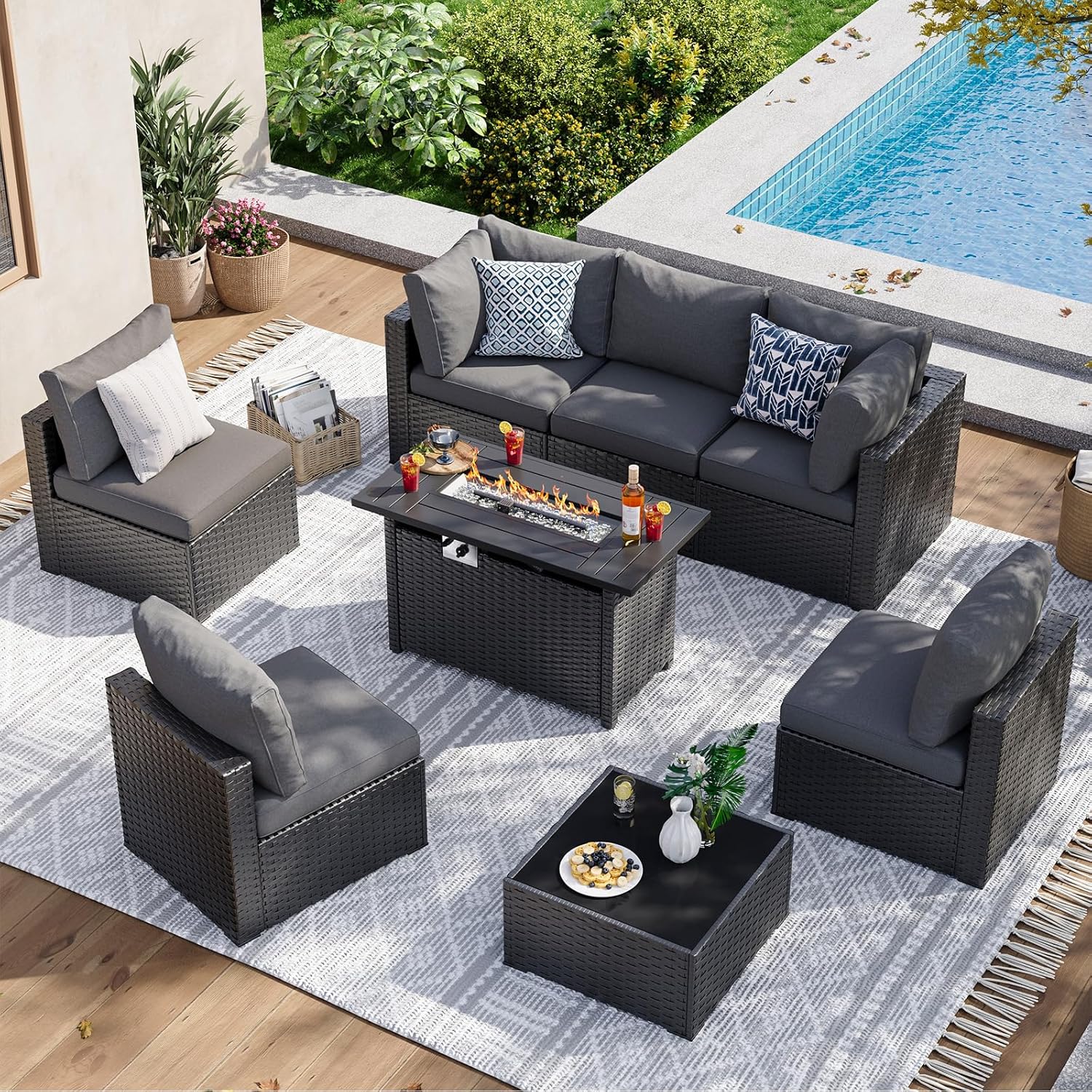 Aoxun 8 Piece Patio Furniture Set with 44” Fire Pit Table Wicker Rattan Patio Sectional Sofa Set Outdoor Seating Furniture with Thickened Cushion, Grey