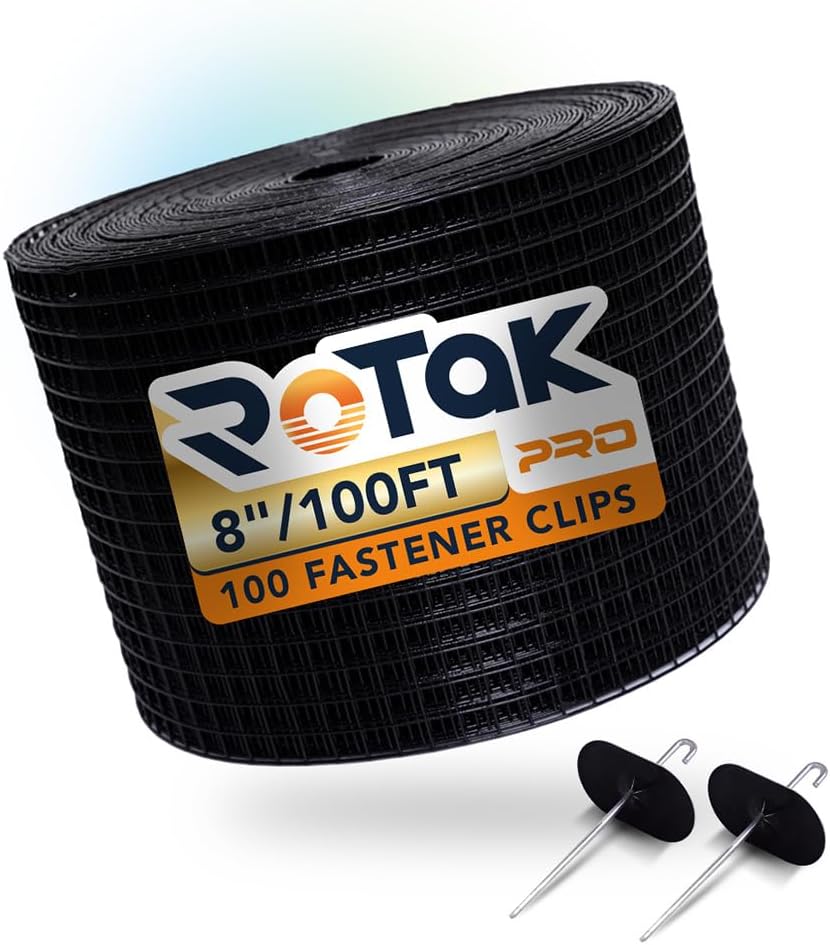 Rotak Critter Guard PRO - 8in x 100ft Solar Panel Bird Prevention Roll Kit with 100 Fastener Clips - Heavy Duty Galvanized Black PVC Coated ½ inch Wire Roll Mesh (8