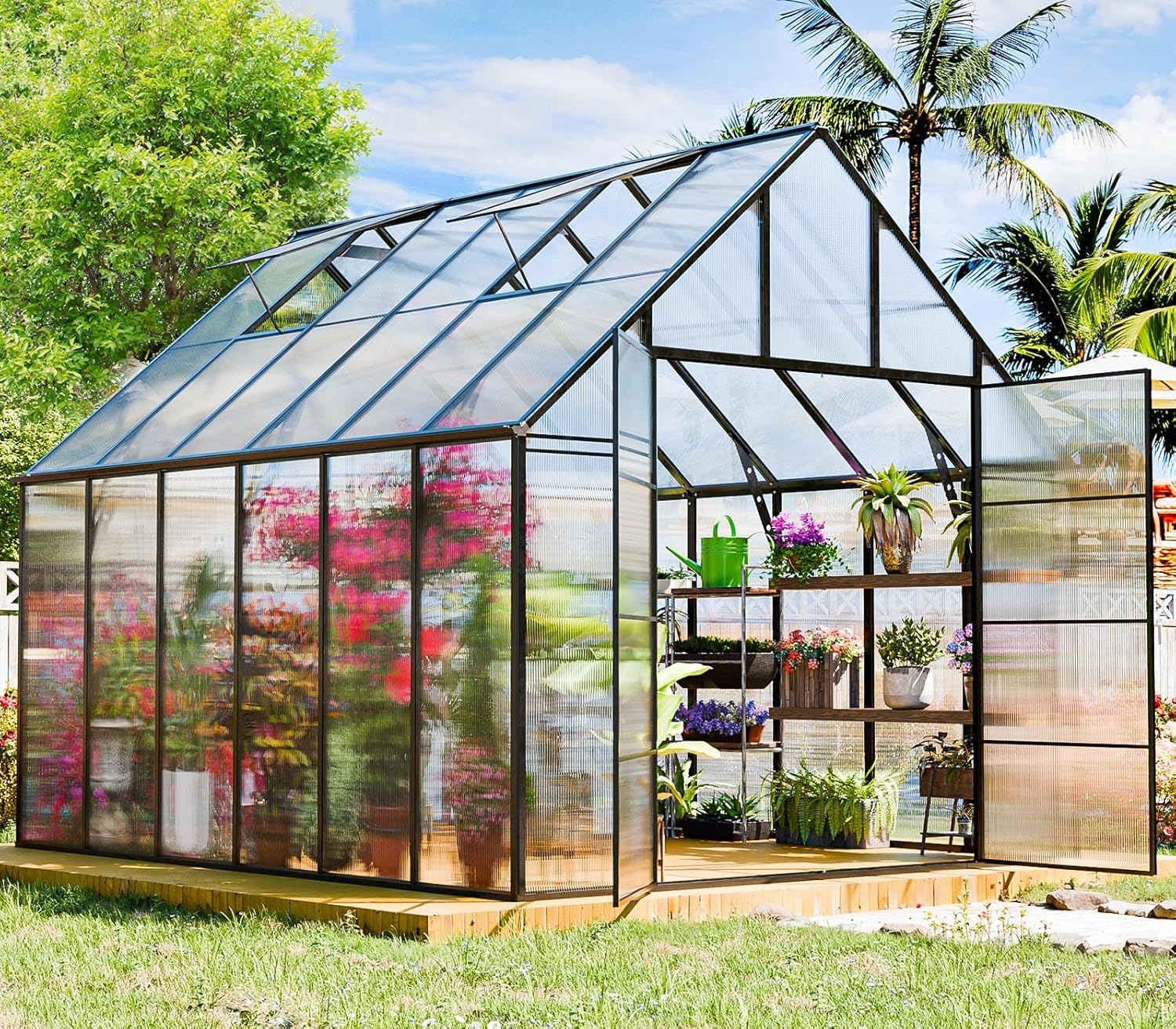 Polycarbonate Greenhouse Kit,12x10x10 FT Outsides Aluminum Frame Heavy Duty Green House with Windows Door for Backyard Garden, Outdoor Large Walk in Plant Greenhouses,Black Frame Transparent Panels
