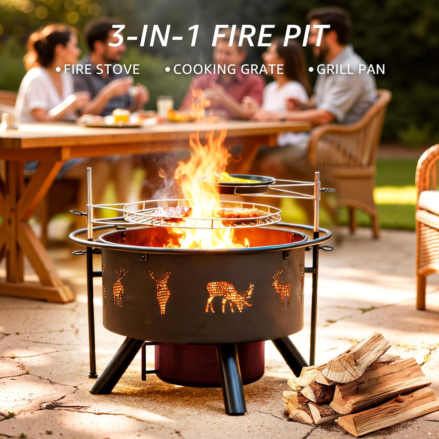 NATURAL EXPRESSIONS 32 Inch Outdoor Fire Pit, Wood Burning Fire Pits with 2 Grills, Poker, Brushes, Ash Pan, Mesh Cover, Waterproof Cover, Charcoal Fire Pit for BBQ, Patio, Bonfire, Heat&Cook