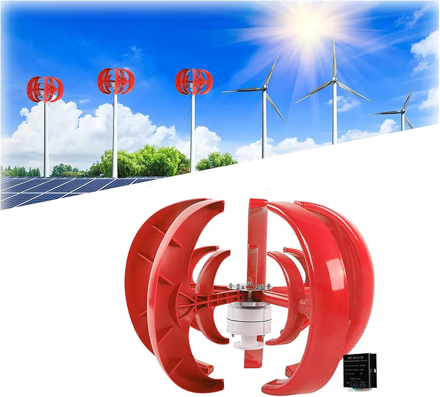 Wind Turbine 1000W 12V 24V 5 Blade Wind Vertical Axis Generator 3 Phase AC Permanent Magnet Generator Wind Turbine Kit with Controller,24V