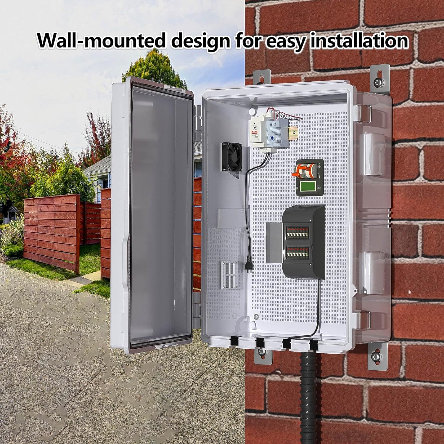 Outdoor Electrical Box with Thermostat and Fan, Ventilated Design, Cable Grommets, Indoor/Outdoor Use with Mounting Panel. (Grey Cover, 19.7