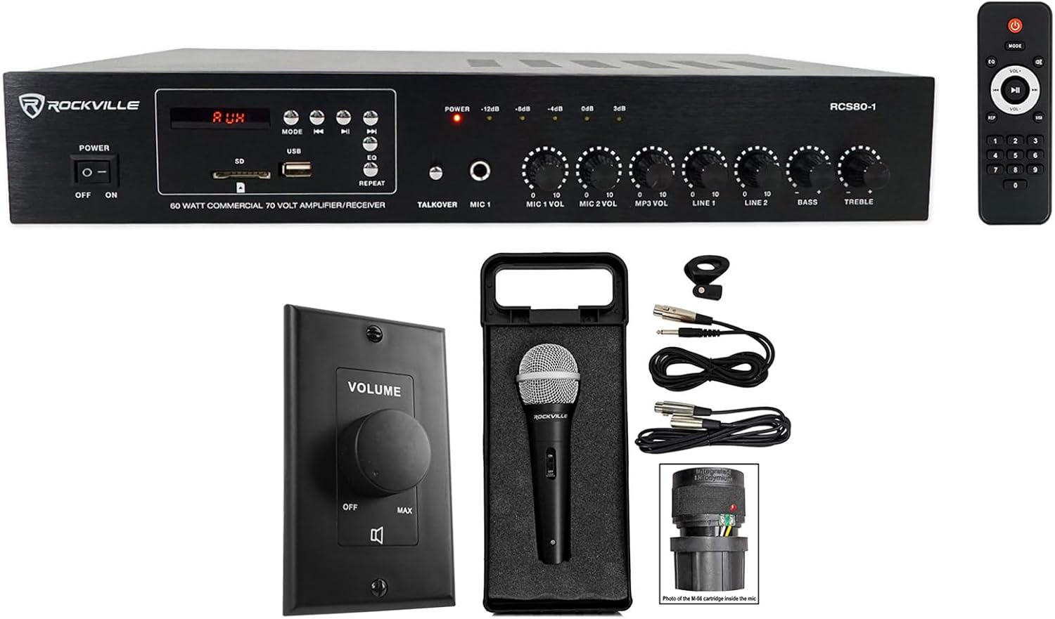 Rockville Commercial Audio Bundle: RCS80-1 60W 70V Amplifier/Bluetooth, RMC-XLR Metal Microphone, VOL70100 100W Volume Controller, Black, 3-Items
