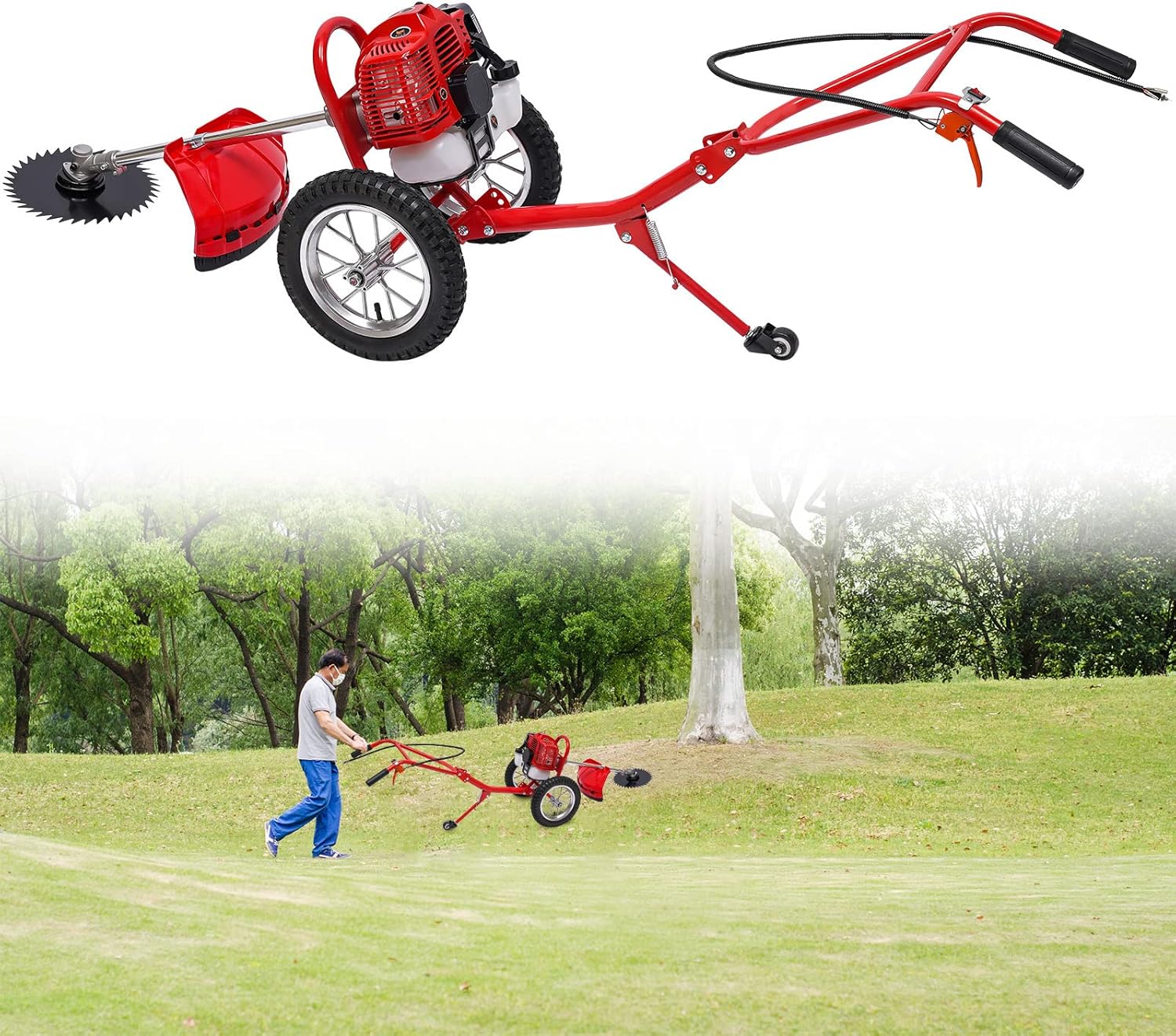 2 Stroke Lawn Mower Gas Powered 49CC Hand Push Irrigation Mower Walk-Behind Push Grass Trimmer Brush Cutter Push Mower Weeding Machine for Lawn Garden