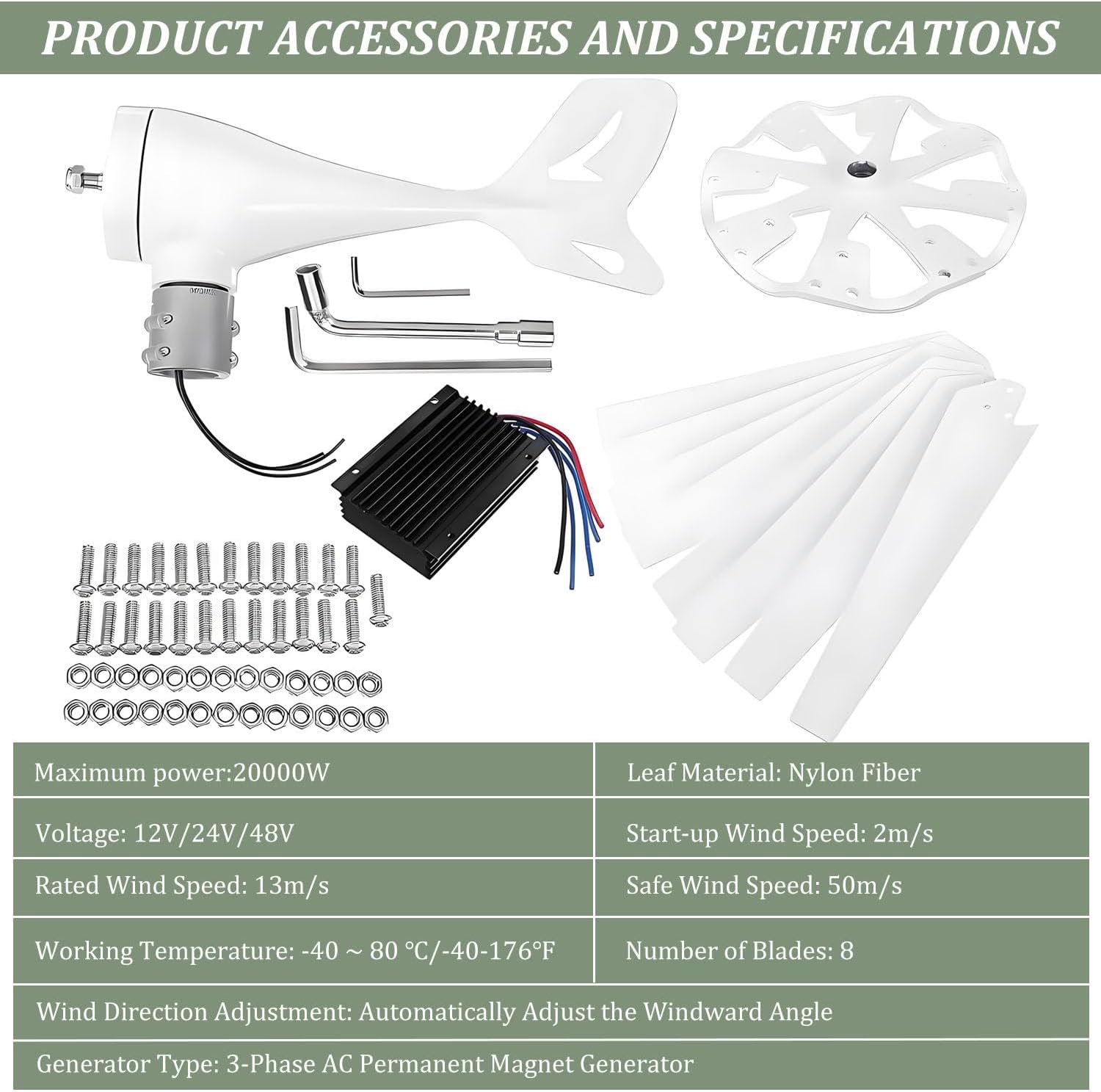 20000W Wind Turbine Generator Kit,8-Blade Windmill kit with Charge Controller,2M/S Start Wind Speed,8-Blade Generator,for Home,Boat,RV,Off-Grid Power Supplement 24V-White