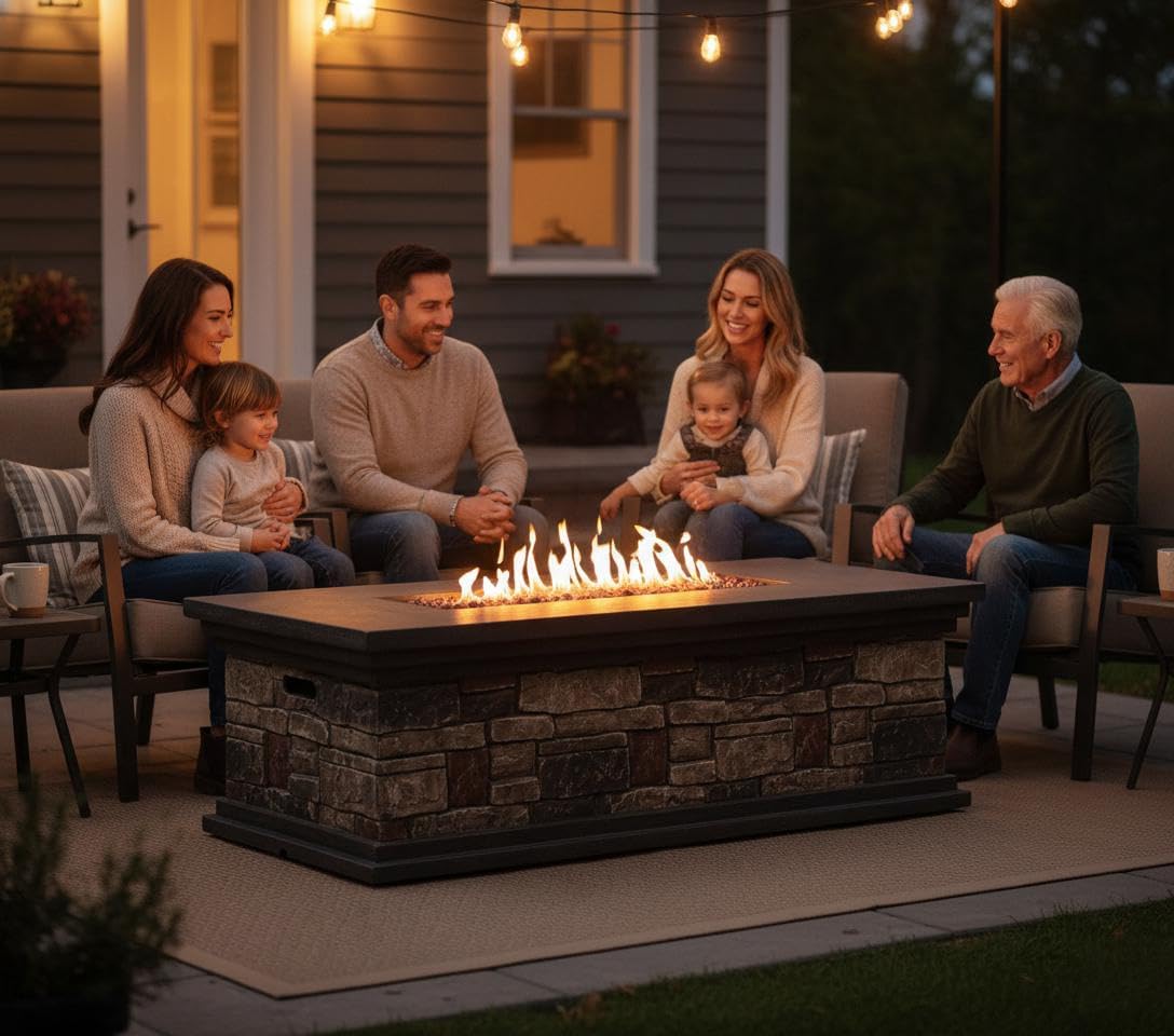 Propane Fire Pit Table, Rectangle 50,000 BTU Outdoor Fire Pit, 56 Inch Portable Gas Fire Pits for Patio Backyard Garden, Faux Stone Magnesium Oxide Design, Not Included Propane & Cover - Stone Gray