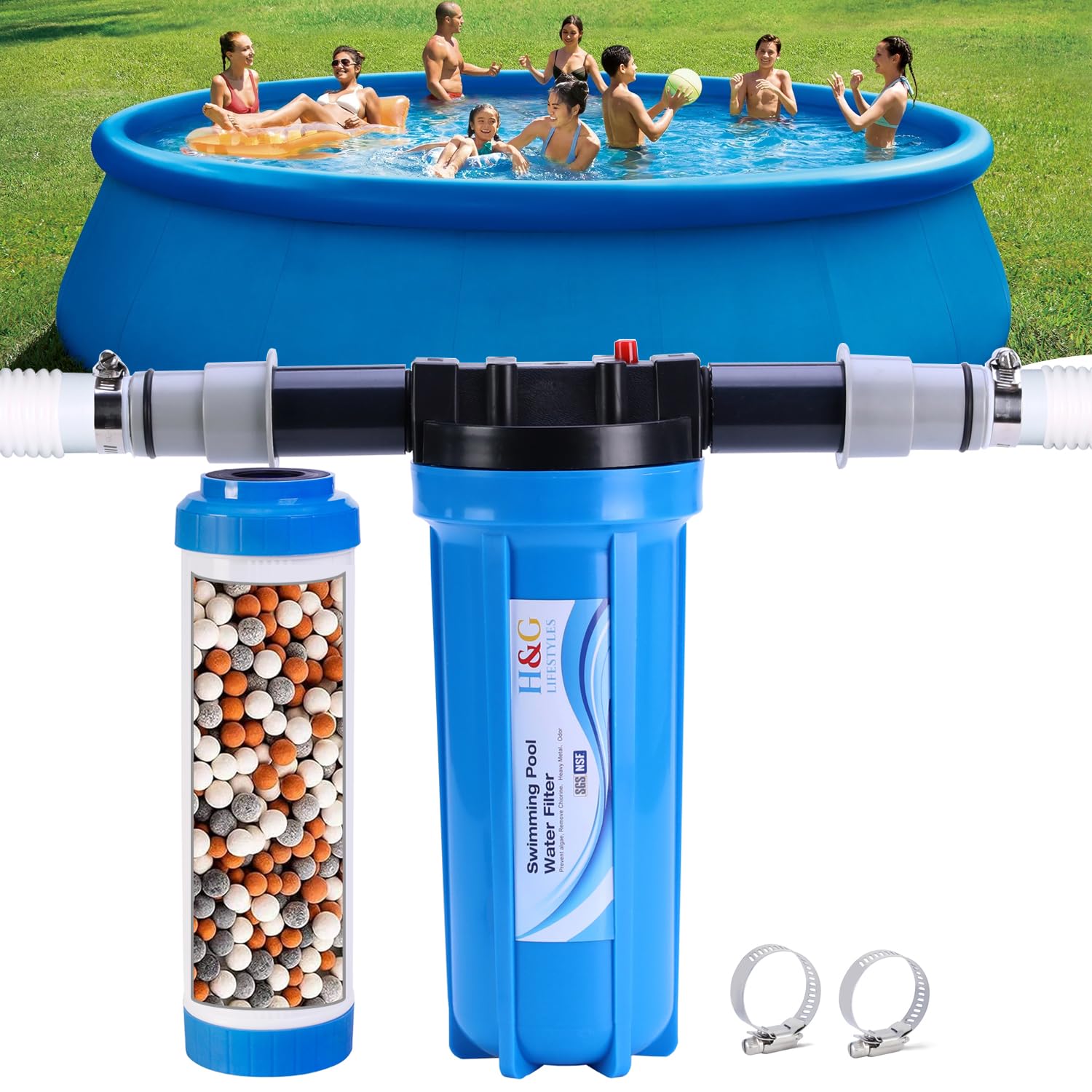 H&G Lifestyles Mineral Pool Filter for Above Ground Pools, Natural Mineral Balls Improved Water Clarity Reduces Eyes or Skin Irritation – Fits 1.25” & 1.5” Hoses – Up to 30,000 Gallons