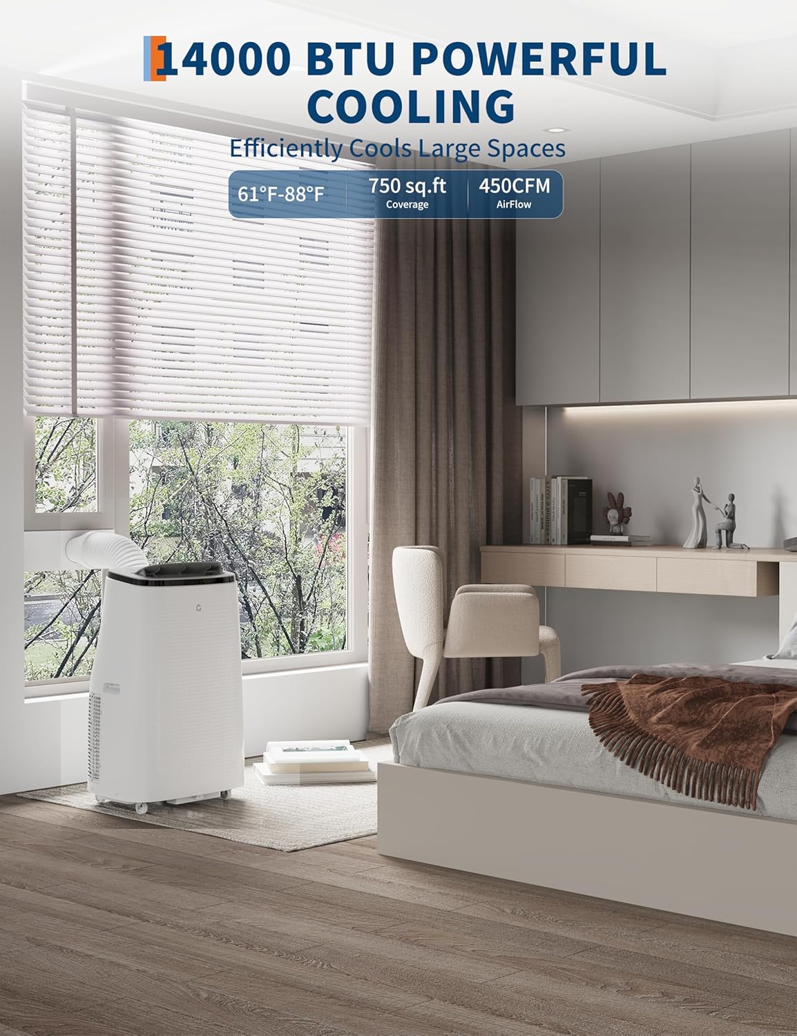 14,000 BTU Portable Air Conditioner, Portable AC Unit for Bedroom, Fast Cooling Quiet Air Conditioners Cools 750 Sq.Ft, 4 Modes & Window Kit, Sleep Mode, 24H Timer, White