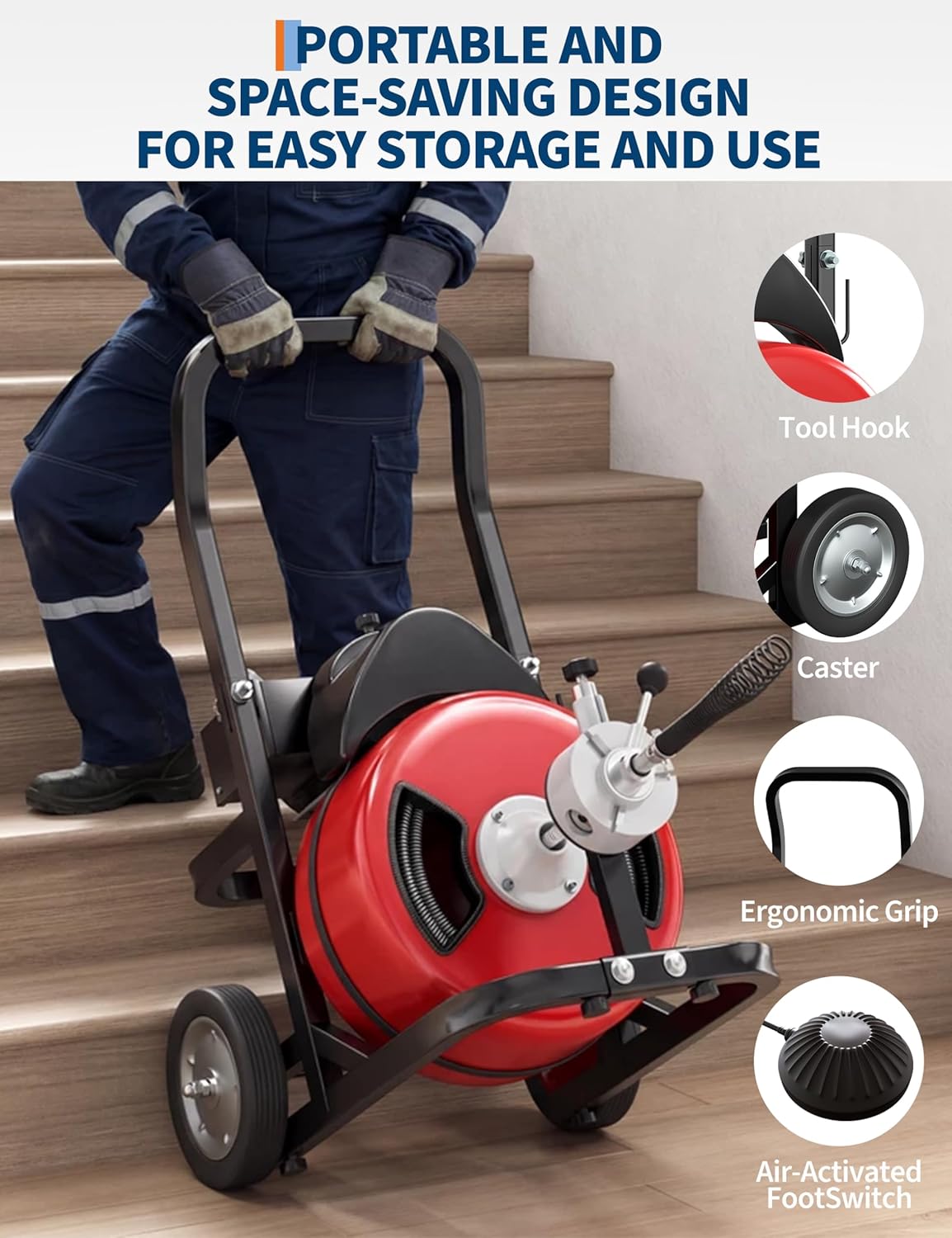 ACEKOOL 100FT x 3/8 Inch Electric Drain Cleaner Machine, 370W Heavy-Duty with Steel Core Cable, Sewer Auger, Cutter & Air-Activated Foot Switch, Portable on Wheels for Commercial & Home Use