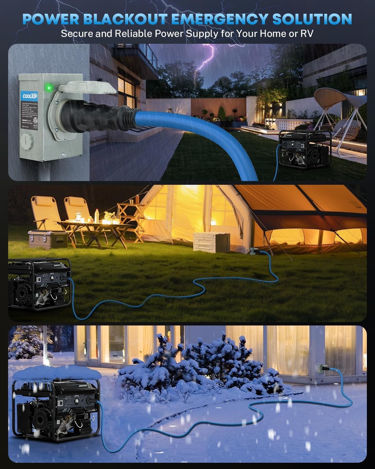 COOLTOP 50 Amp Generator Cord and Power Inlet Box Kit, 15FT Extension Cable STW 6/3+8/1 AWG Generator Cord 125/250V NEMA 14-50P to SS2-50R Pre-Drilled Inlet Box Waterproof Combo Kit, ETL Listed