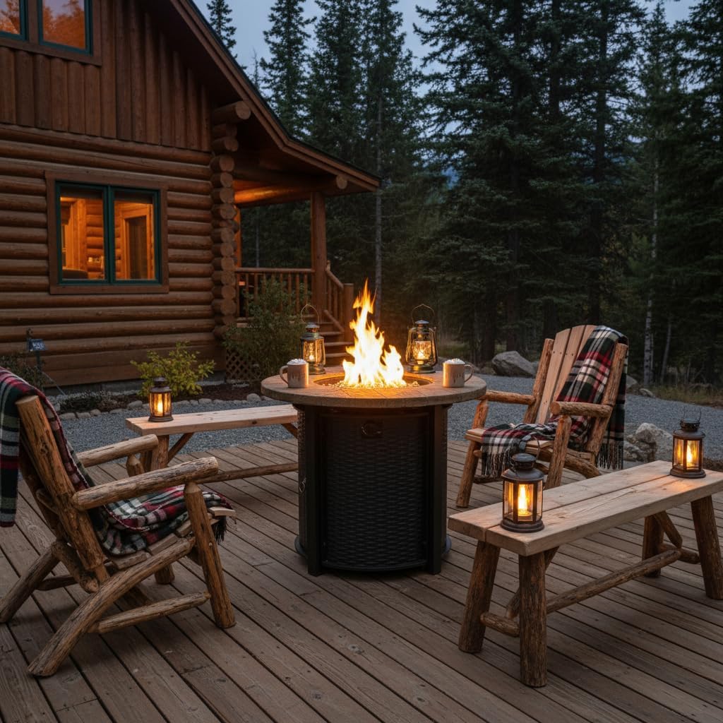 30-Inch Round Propane Fire Pit Table, 50,000 BTU Outdoor Gas Fire Table with Wood Grain Top, Black Steel Base, Hidden Tank Storage, Glass Beads for Patio Deck Backyard