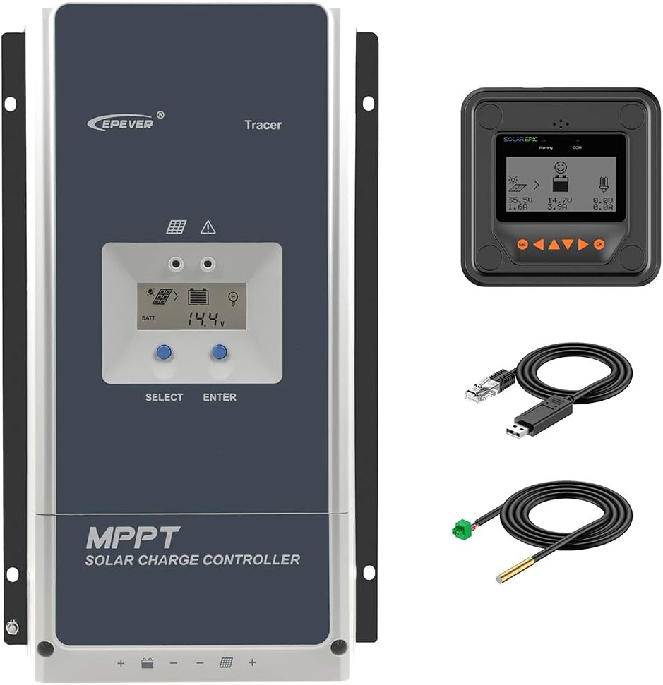 EPEVER 100 Amp MPPT Solar Charge Controller 200V PV Input Negative Ground Work with 12/24/36/48V Battery System Tracer 10420AN Series W/ MT50 Remote Meter