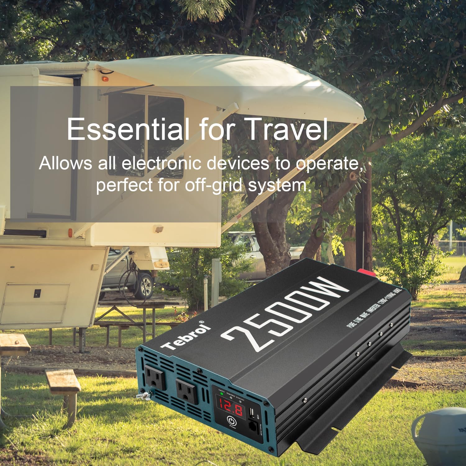 2500W Pure Sine Wave Inverter 12V DC to 110V AC Converter for Home, RV, Truck, Off-Grid Solar Power Inverter with Built-in 5V/2.1A USB, AC Hardwire Port, Remote Controller