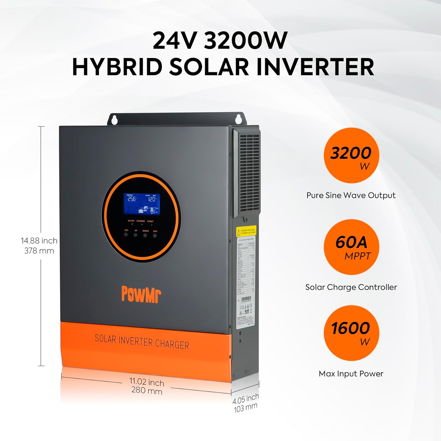 PowMr 3200W Solar Inverter 24V DC to 110V/120V AC, 3.2KW Pure Sine Wave Hybrid Inverter with 60A MPPT Controller, Max. 108V PV Input, for 24V Lead-Acid and Lithium Battery