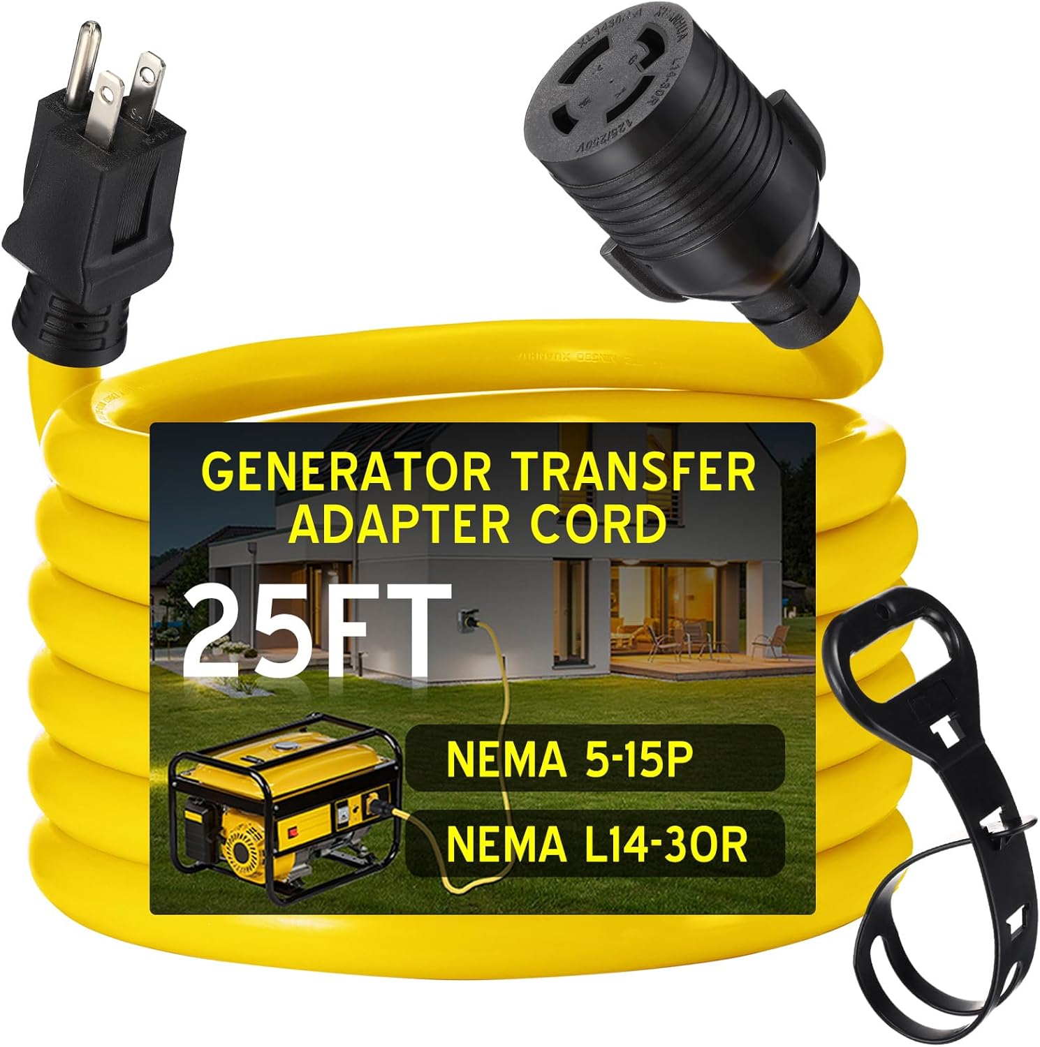 25 FT 5-15P to L14-30R Adapter Cord Generator Transfer Switch, Generator House Inlet Box Adapter, 15Amp 3Prong 5-15 Male to 30Amp 4Prong L14-30 Locking Female, 10 AWG, ETL Listed