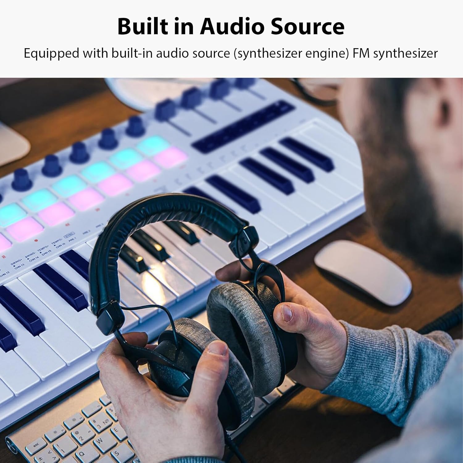 37-Key MIDI Keyboard Controller Music Production Controller MIDI Piano Keyboard Drum Pads with 16 RGB Drum Pads 8 Knobs 4 Faders Synthesizer Engine for Music Production