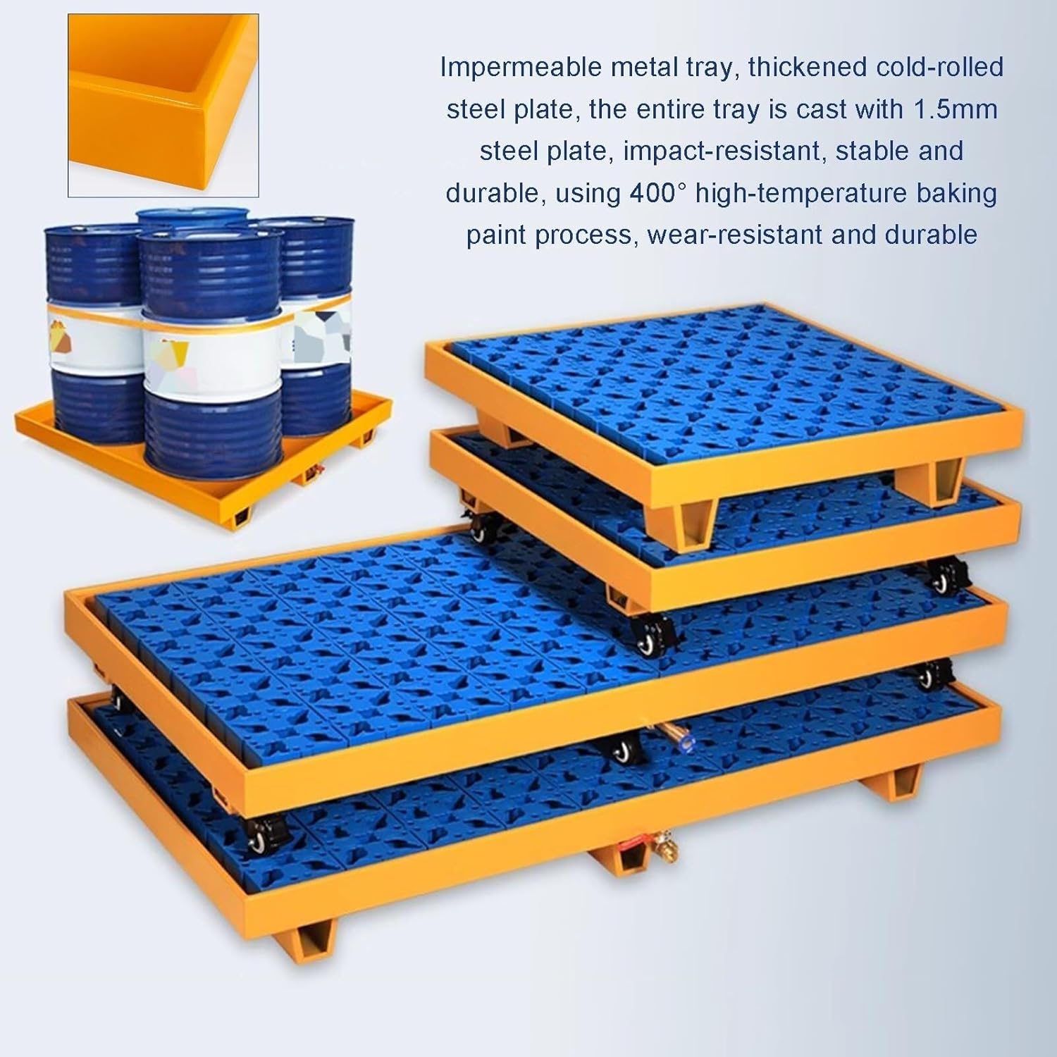 Spill Containment Pallet with Top Grating, Metal Firm Leakproof Tray for Garage Warehouse Factory, Washing Machine/Oil Drums Storage Stack(Yellow+Blue(Wheels),65x65x15CM)