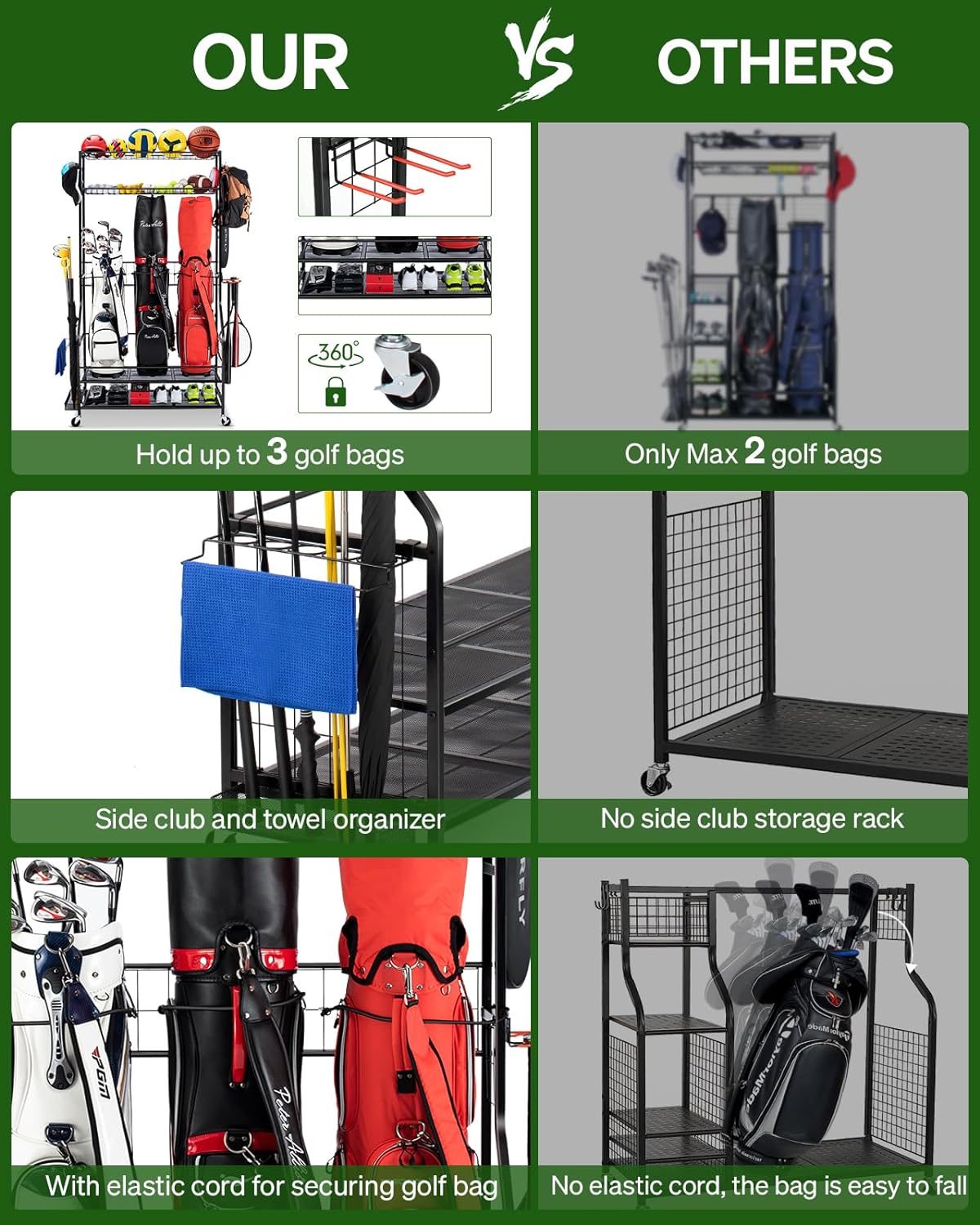 Golf Bag Storage Garage Organizer, 3 Golf Bag Stand and Sports Equipment Storage Rack for Garage with Wheels, 4 Hooks, Golf Accessories Storage Rack with Extra Golf Clubs Display Rack