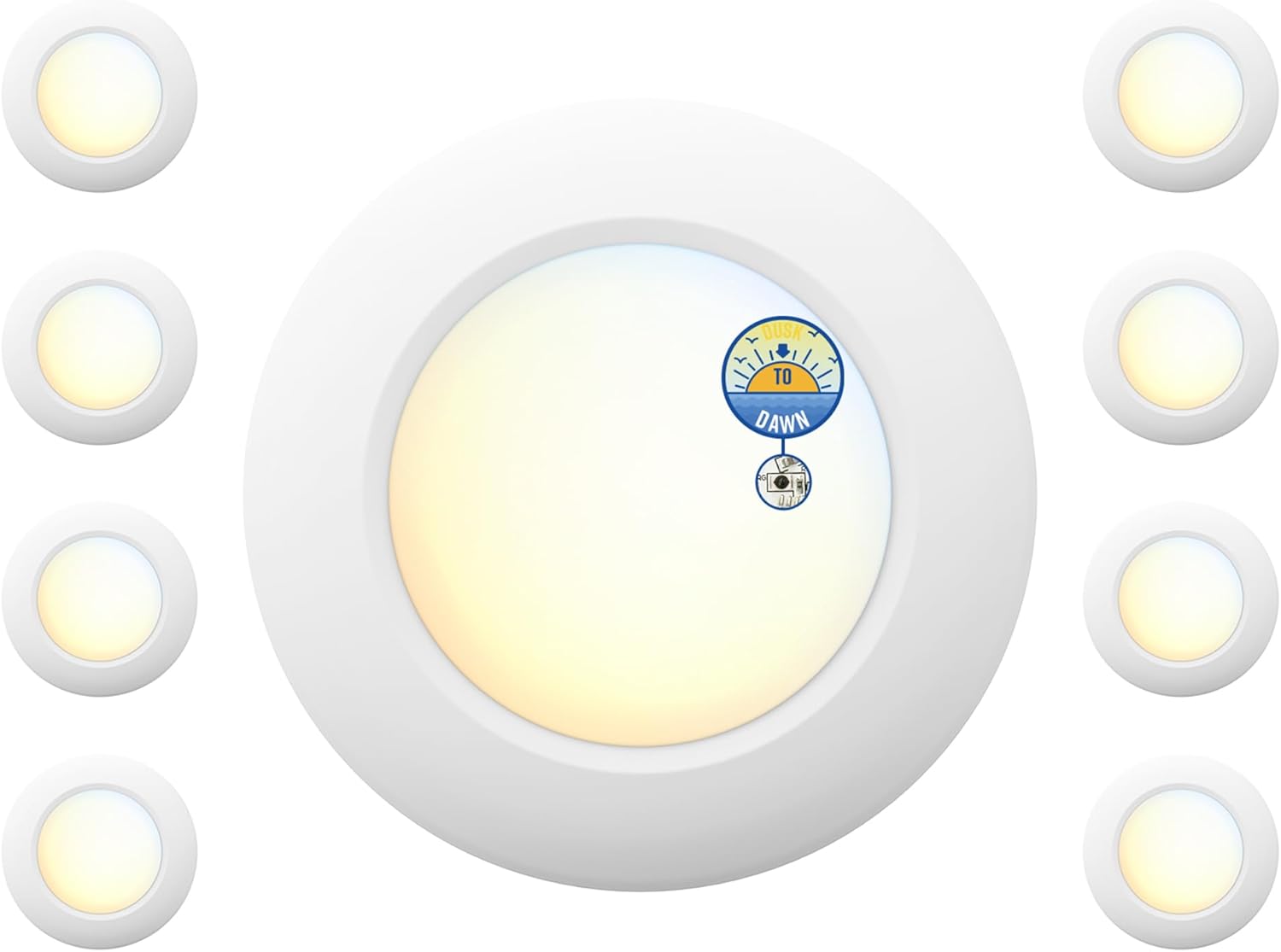 6 Inch LED Low Profile Disk Light with Dust to Dawn Sensor, 120VAC, 15W, 5CCT Color Changing, 1000LM, Non-Dimmable, ETL, Shower Rated Screw in Photocell Ceiling Light, White/8 Packs