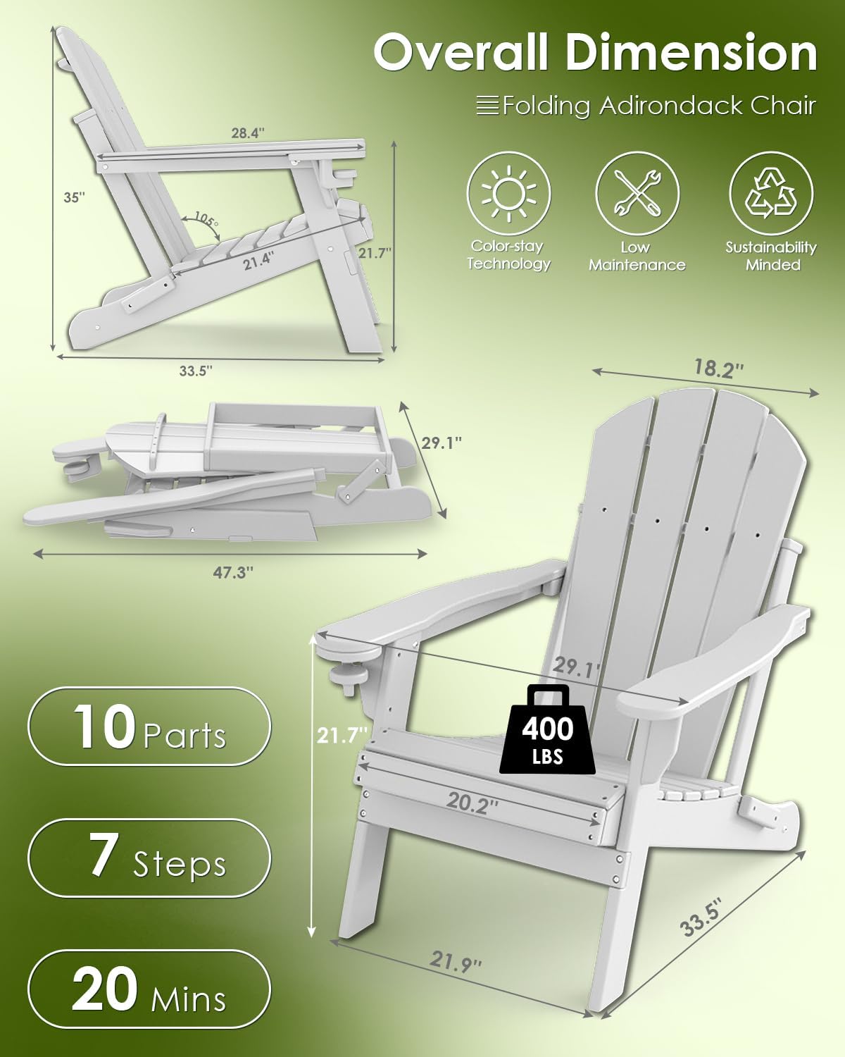 GREENVINES Folding-Adirondack-Chairs-Set-of-6 | HDPE Plastic | Fire Pit Chair | All Weather | Cup Holder | White | for Deck Backyard Patio Outdoor Garden