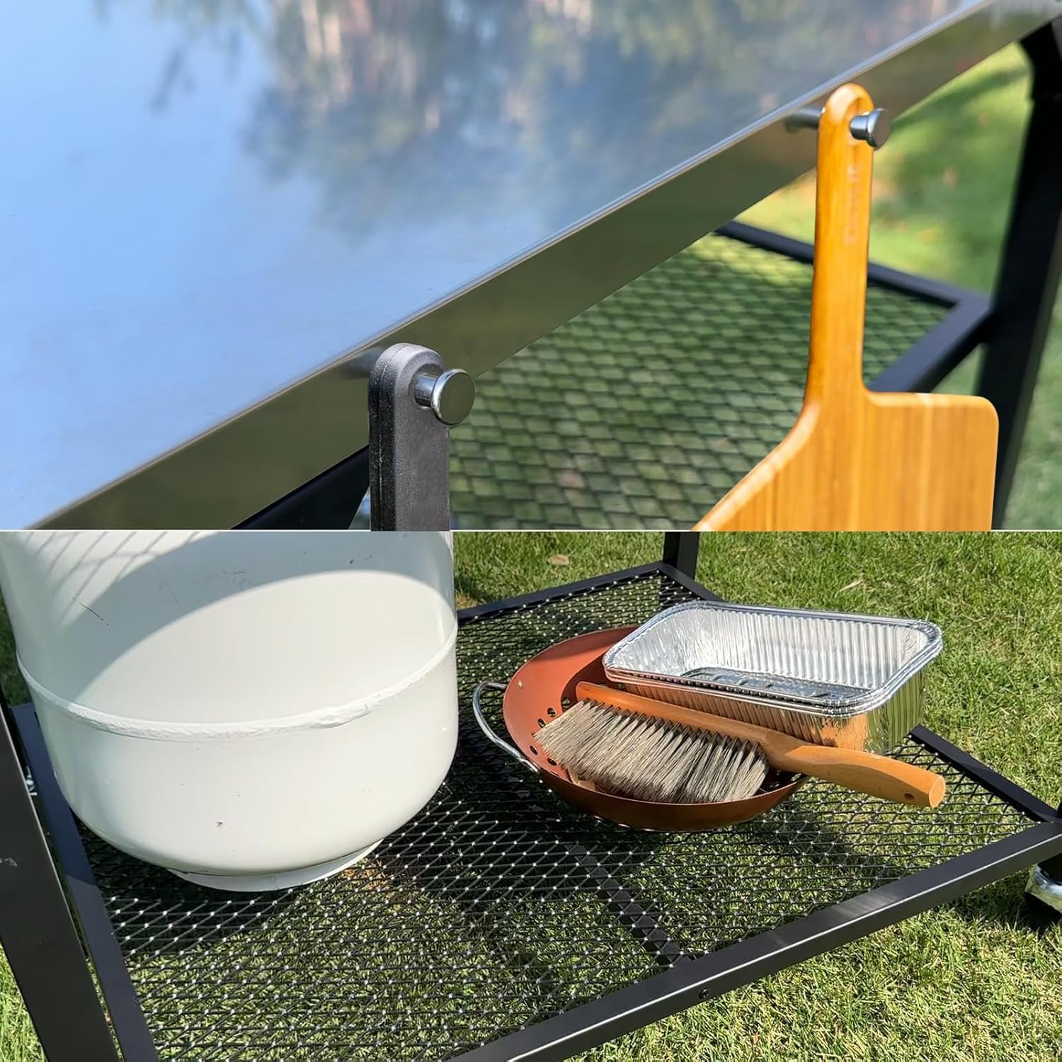 Pizza Oven Table for Ooni, Ninja, Woodfire, Blackstone, Bighorn, Cuisinart, Outdoor Grill Table for Ooni Pizza Oven Accessories, Movable Pizza Oven Stand as Food Prep Cart, Barbecue Tool Set