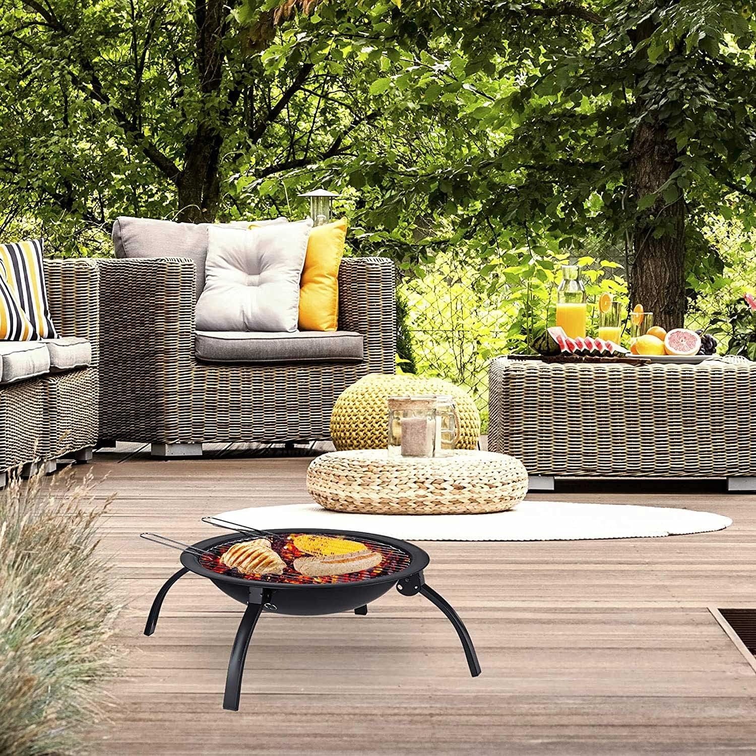 Portable Folding Fire Pit Outdoor Multifunction Fire Pit Bowl BBQ Grill with Mesh Spark Screen Cover for Backyard Camping Picnic Bonfire Garden Patio Brazier