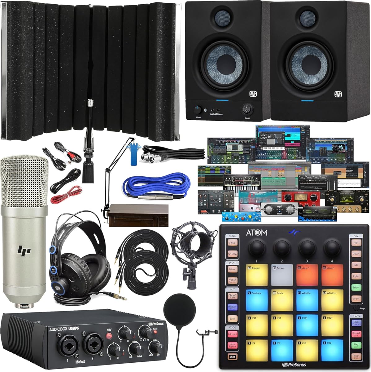 PreSonus AudioBox 96 USB Audio/MIDI Interface with Eris 4.5BT Studio Monitors, Software Pack, ATOM MIDI Pad Controller, Boom Arm, Headphones and Isolation Recording Shield