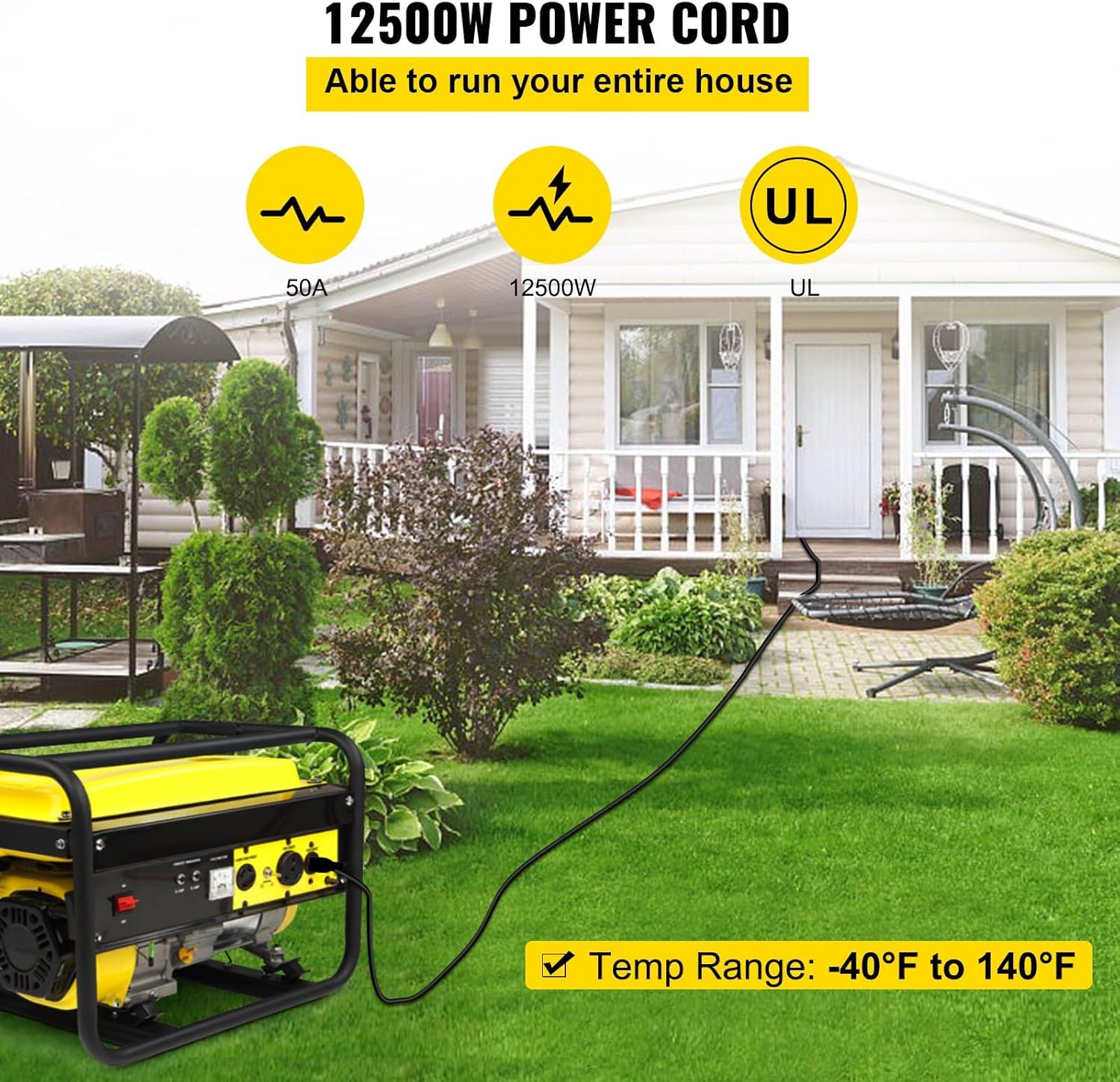 40Ft Generator Extension Cord, 50Amp 6 Gauge STW, N14-50P to Bare Wire Cut Cord for RVs, Motor Homes, and Portable Generators