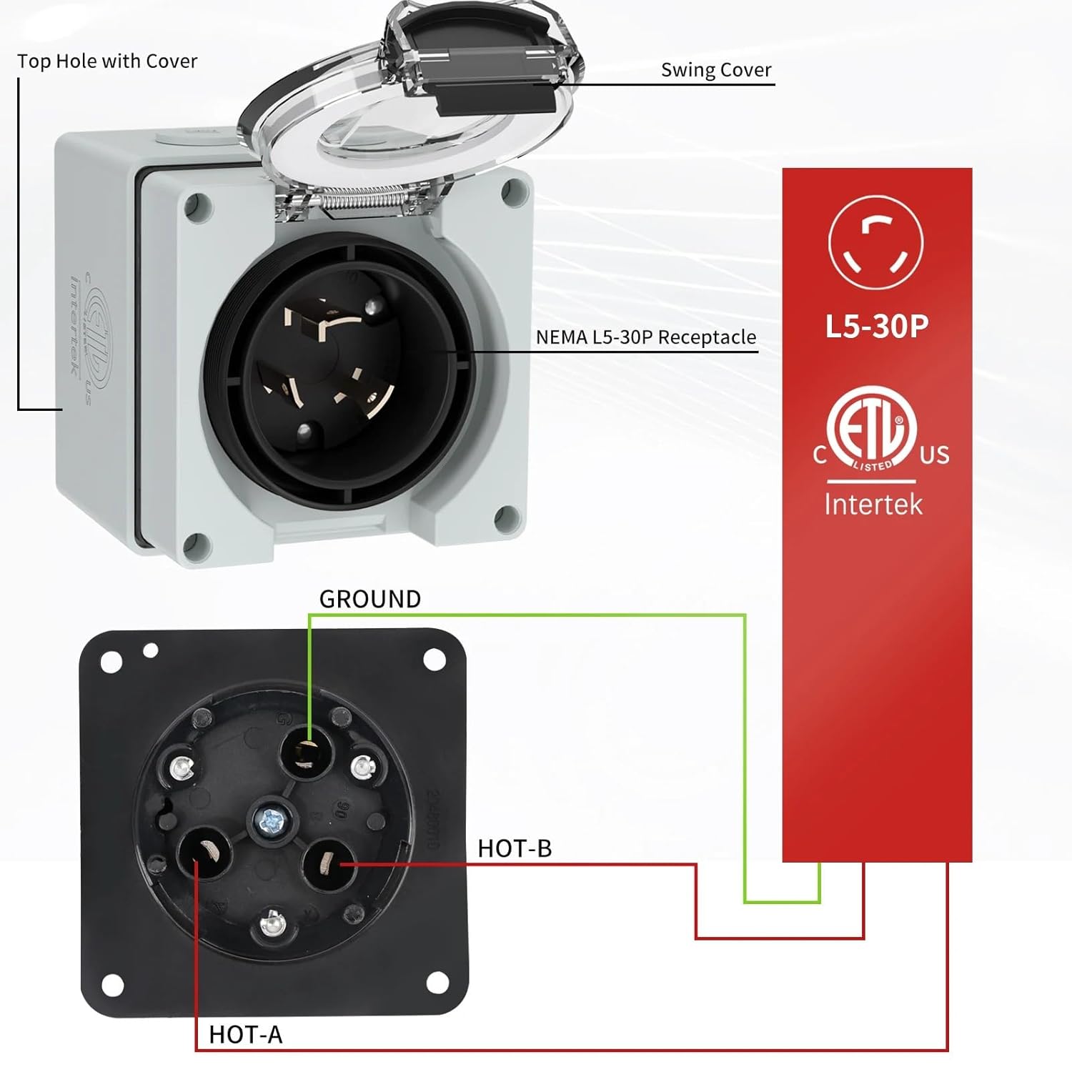 1pcs US/American 30Amp Power Inlet Box, 125/250 Volt Nema L5-30P Plug Outdoor dustproof and Weatherproof for Generators.