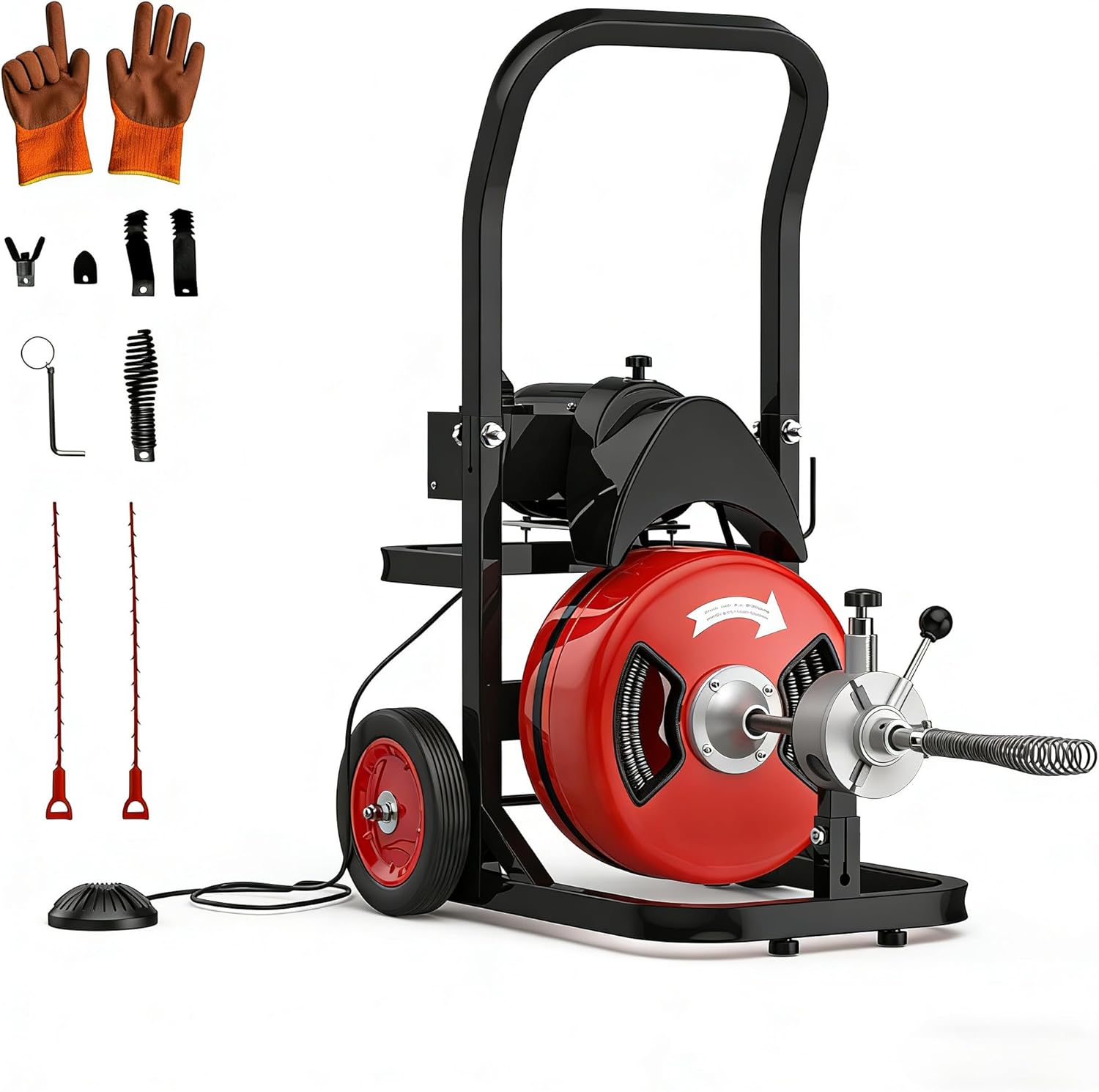 Drain Cleaner Machine, 100FT x 1/2 Inch Auto Feed Sewer Snake Auger, 450W Electric Drain Auger, Sewer Snake with 6 Cutters and Pneumatic Foot Switch, for 2