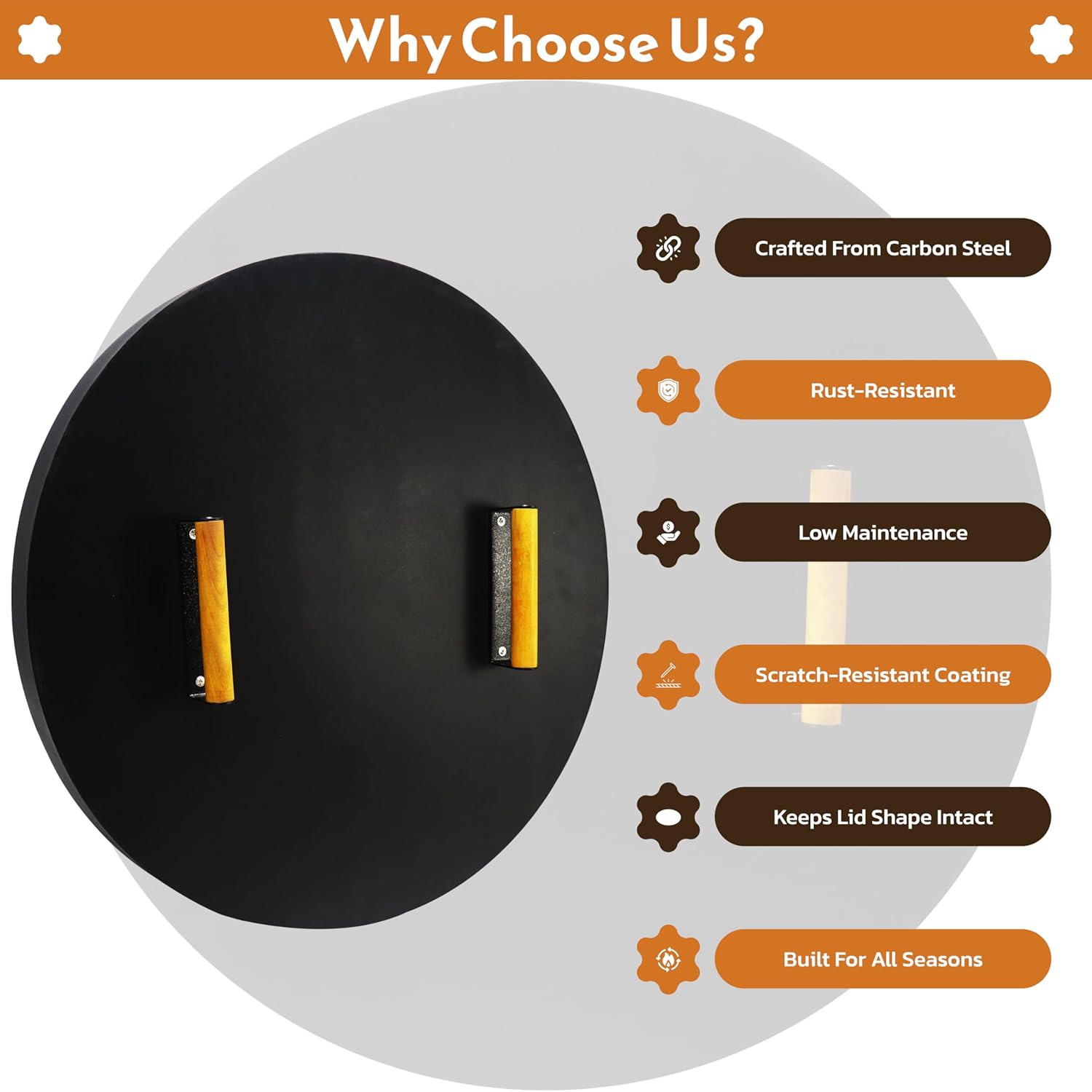 25.5” firepit lid round for inside up to 25” gas fire pit lid for Outdoor Fireplace Cover Lid Steel fire pit metal cover W/ 2 Wooden Handles & Heat Resistant Snuffer Lid for Round Patio Fire Pit Ring