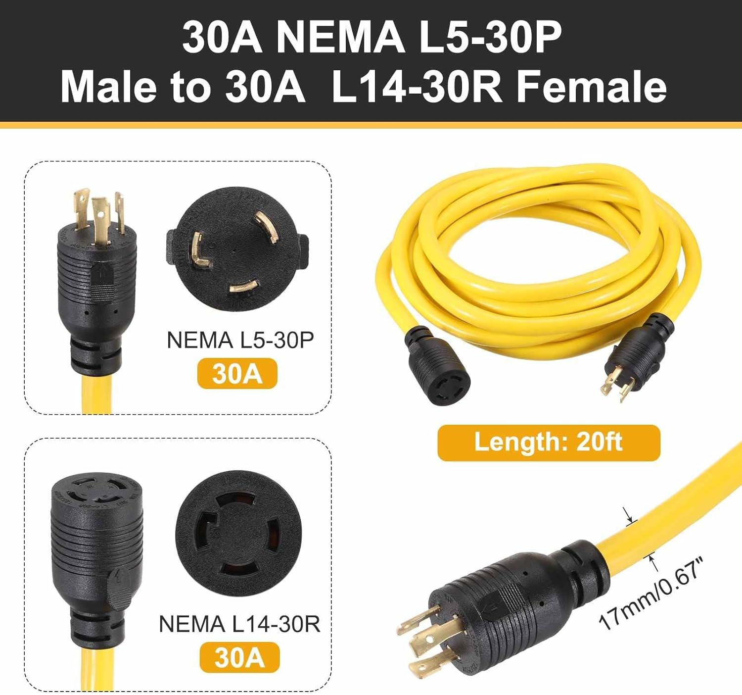 MECCANIXITY 20ft NEMA L5-30P to L14-30R RV Marine Generator Transfer Switch Adapter Cord, 30A Generator Extension Cord L5-30P Male to 30A Marine Shore Power L14-30R Female, 125V/250V