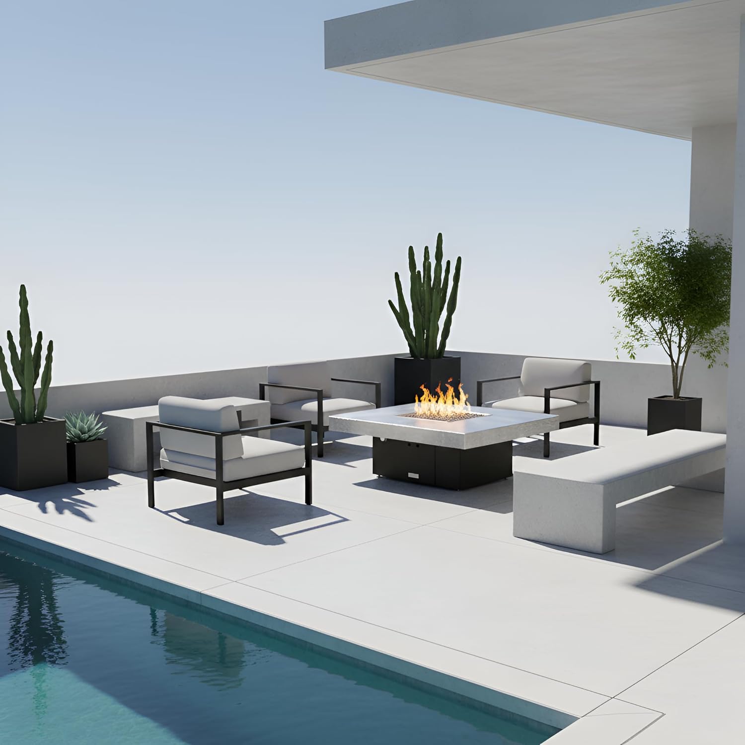 COOKE Santa Barbara Rectangular Fire Pit Table - 40 x 30 - Propane - Brushed Aluminum Top - Black Powdercoat Base